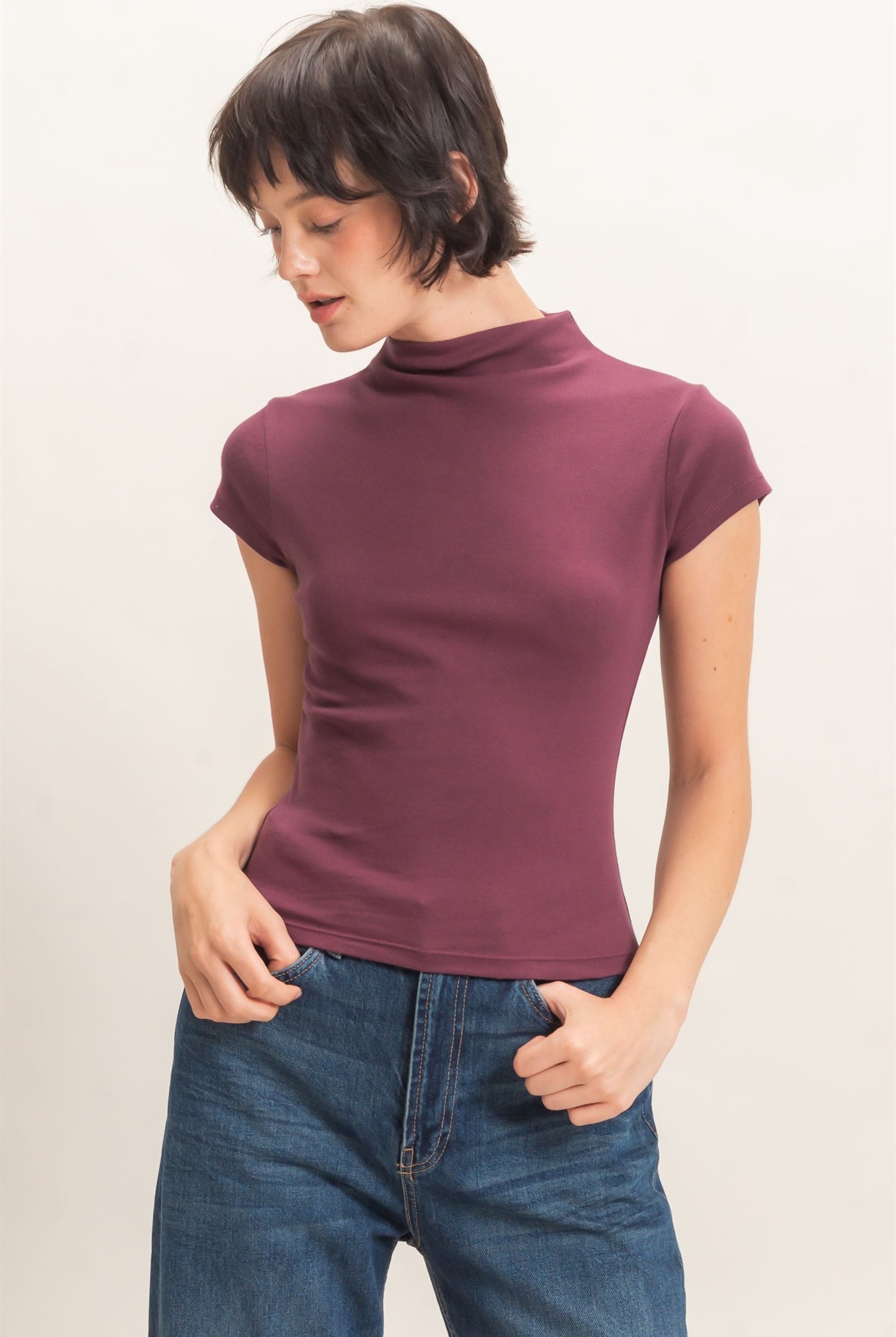 Wholesale Mock Neck Cap Sleeve Top Clothing Tops DZ26E323 DARK CHERRY DOUBLE ZERO