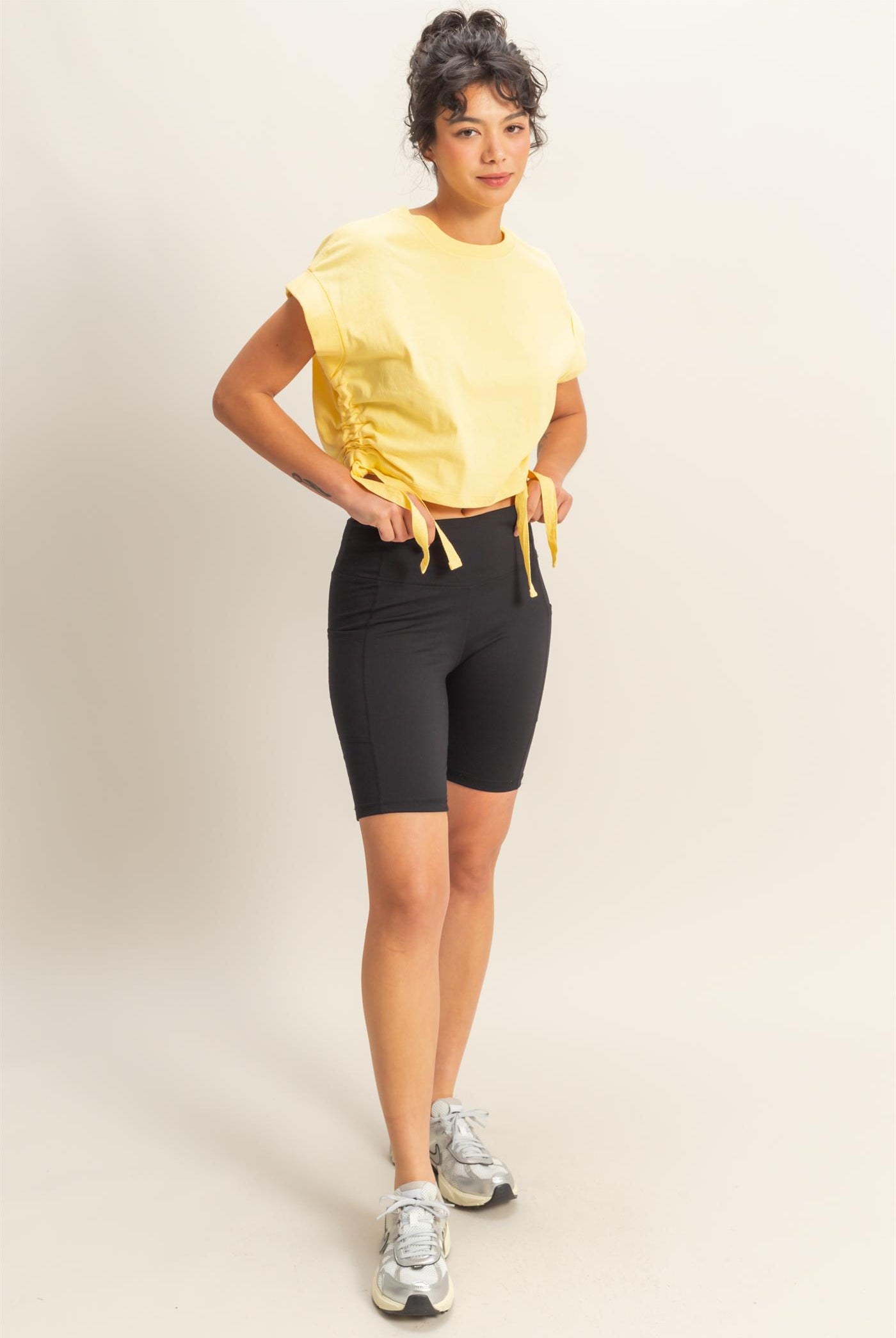 Wholesale Short Sleeve Side Tie Detail Top Clothing Tops DZ25C113 CREAMY YELLOW DOUBLE ZERO