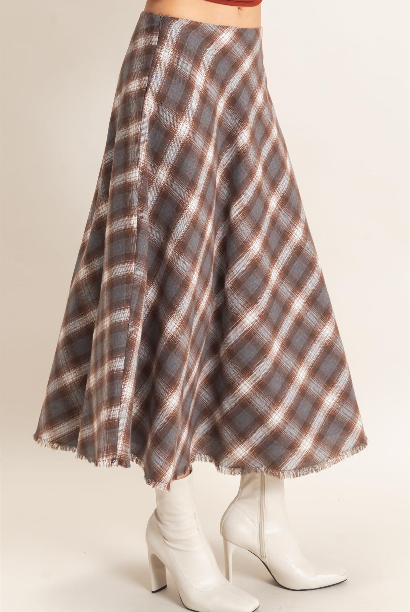 Wholesale A-Line Plaid Frayed Hem Skirt Skirts HF26E972 BROWN HYFVE