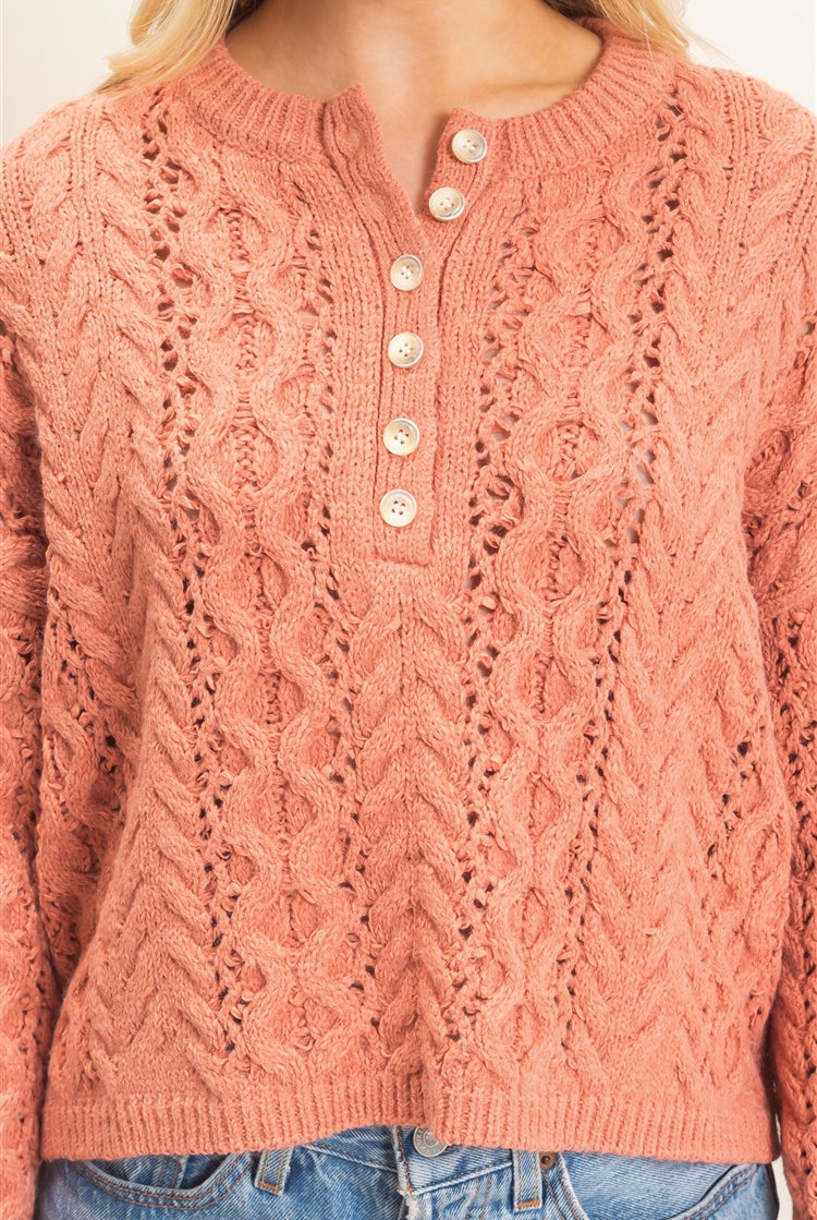 Wholesale Cable Knit Henley Sweaters HF26E552 ROSE PINK HYFVE