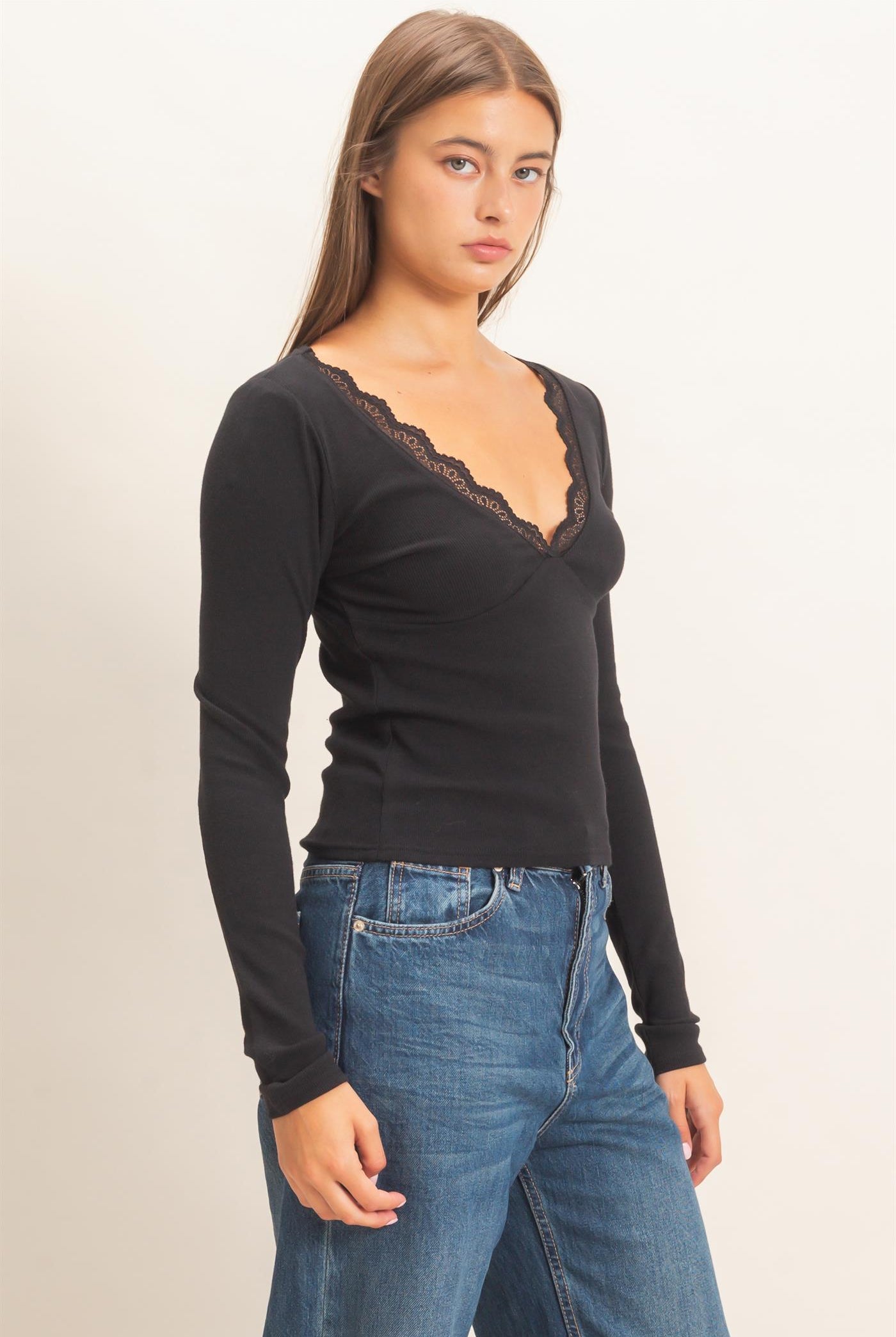 Wholesale Lace Trim V-Neck Top Clothing Tops DZ26E913 BLACK DOUBLE ZERO