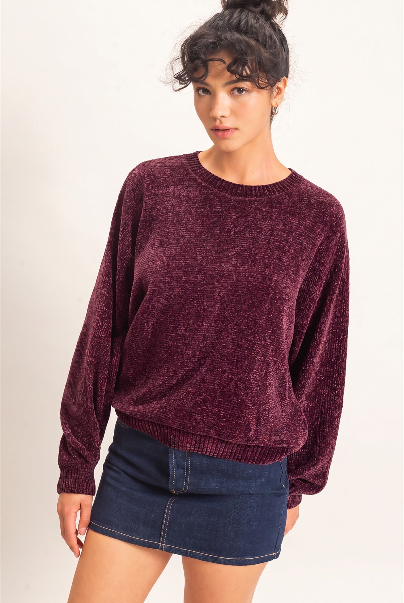 Wholesale Chenille Crew Neck Sweater Sweaters DZ26E264 DARK CHERRY DOUBLE ZERO