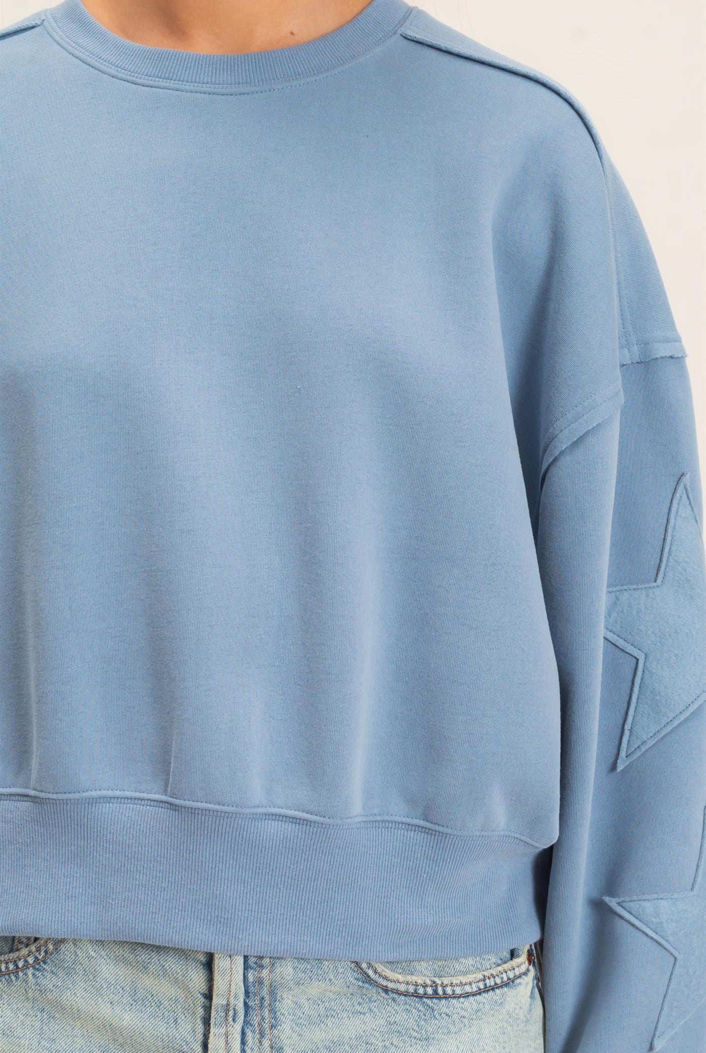 Wholesale Star Patch Sleeve Sweatshirt Sweatshirts DZ26E888 DUSTY BLUE DOUBLE ZERO