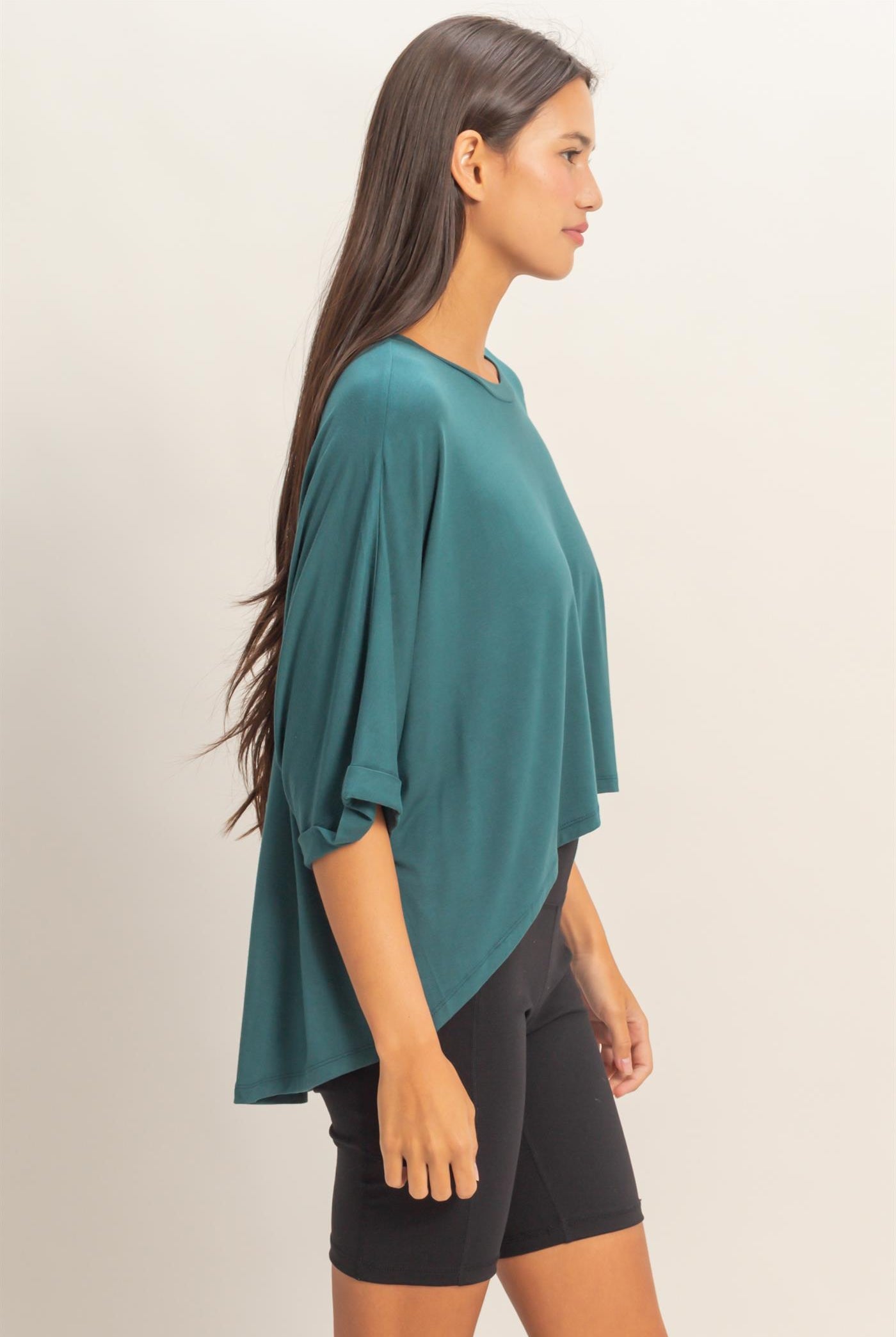 Wholesale Relaxed High-Low Batwing Sleeve Top Shirts DZ26A742 DARK TEAL DOUBLE ZERO