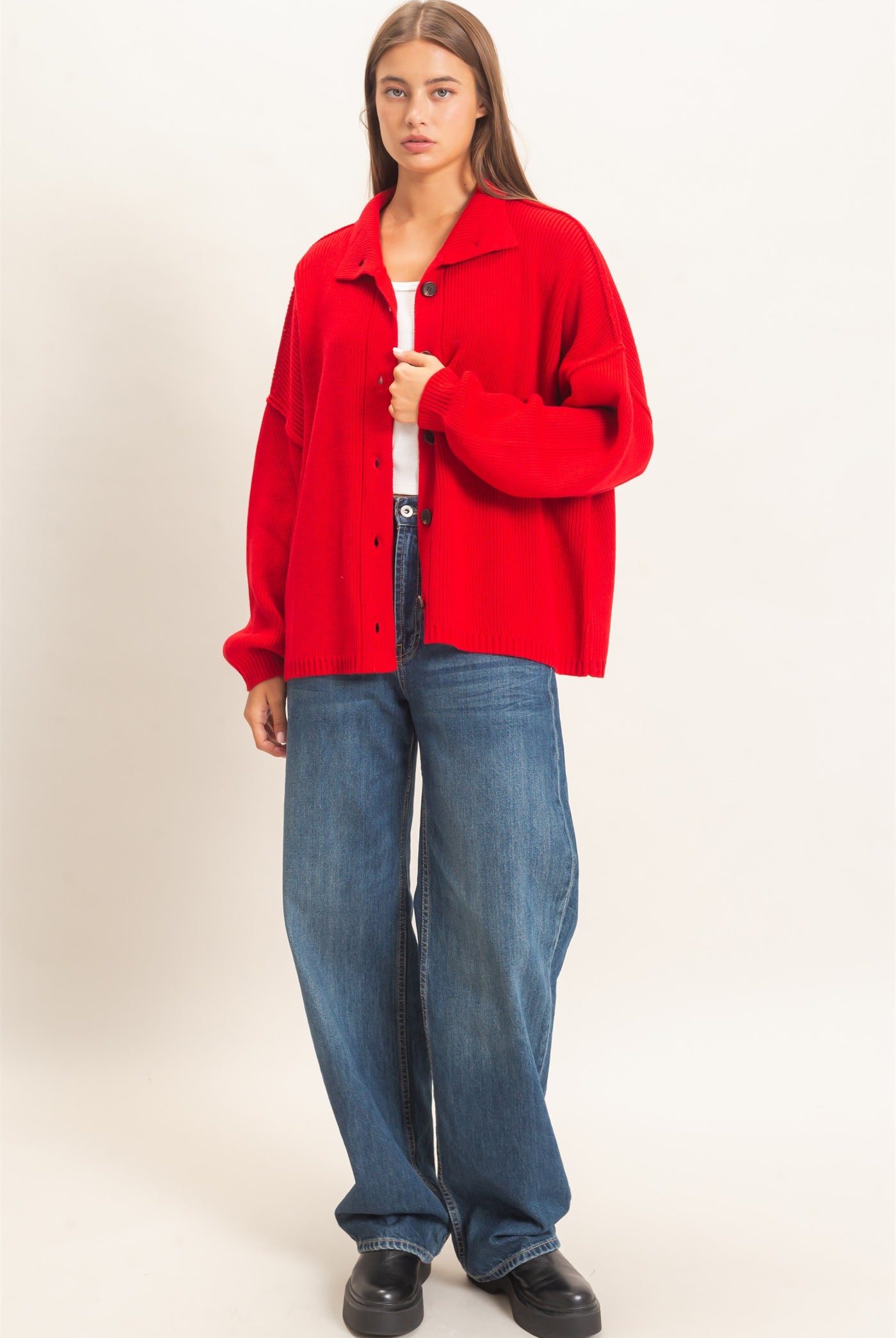 Wholesale High Neck Oversized Cardigan Cardigans DZ26E280 RED DOUBLE ZERO
