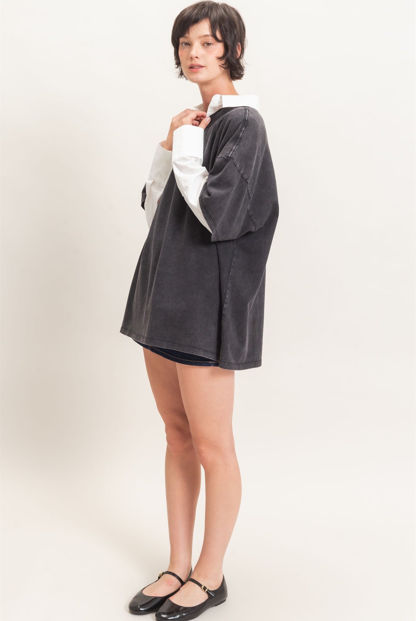 Wholesale Mineral Wash Oversized Crew Neck T-Shirts Clothing Tops DZ26C961 BLACK DOUBLE ZERO