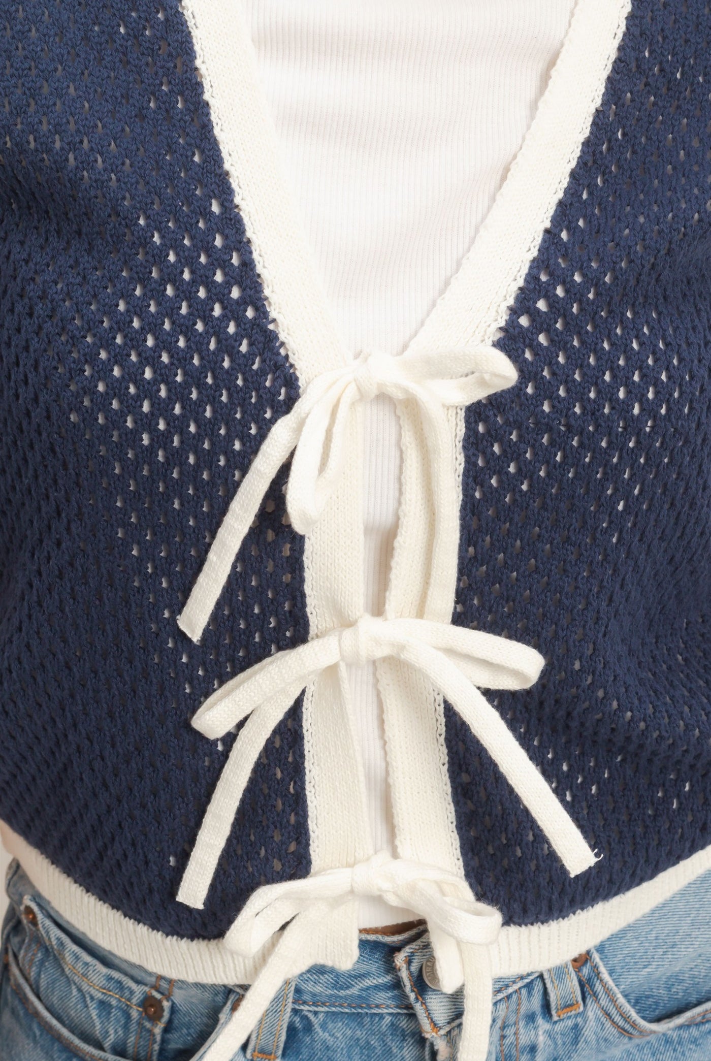 Wholesale Knit Vest With Tie Closure Sweaters HF26A238 NAVY/IVORY HYFVE