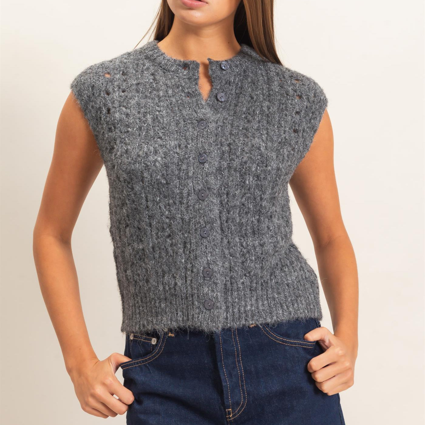 Wholesale Open Knit Sleeveless Button Front Sweater Vest Sweaters DZ26A829 CHARCOAL DOUBLE ZERO