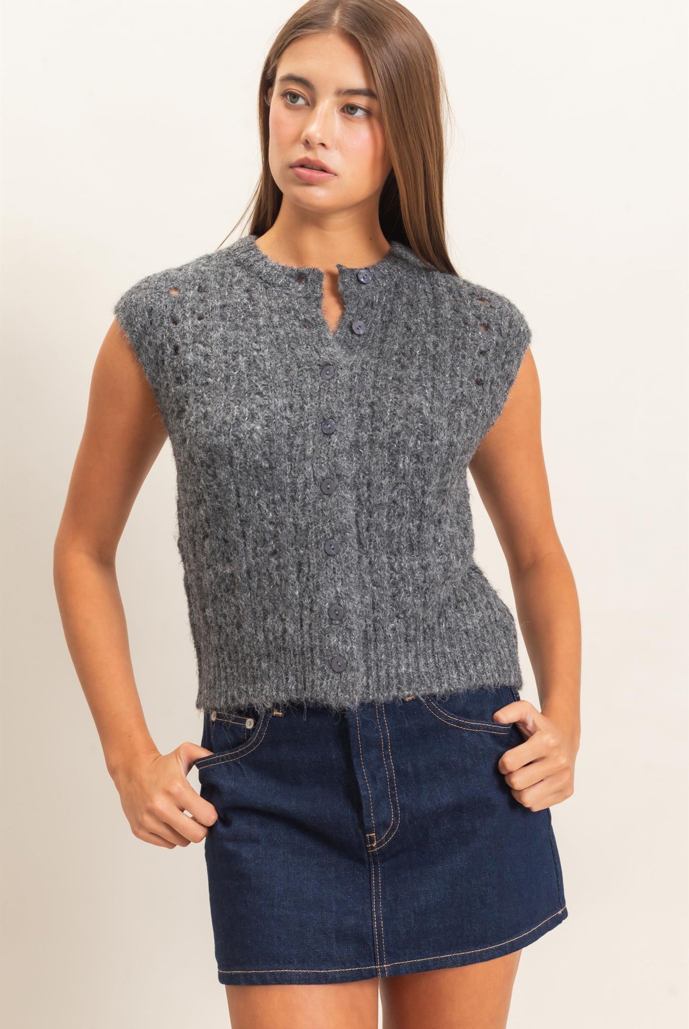 Wholesale Open Knit Sleeveless Button Front Sweater Vest Sweaters DZ26A829 CHARCOAL DOUBLE ZERO