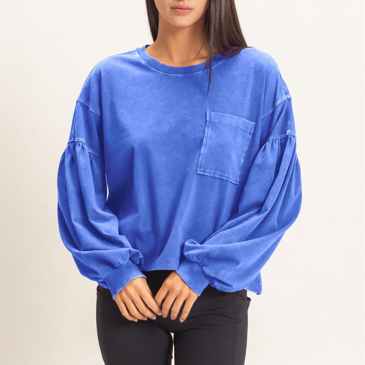 Wholesale Mineral Wash Puff Long Sleeve Boxy Top Clothing Tops DZ26F402 COBALT DOUBLE ZERO