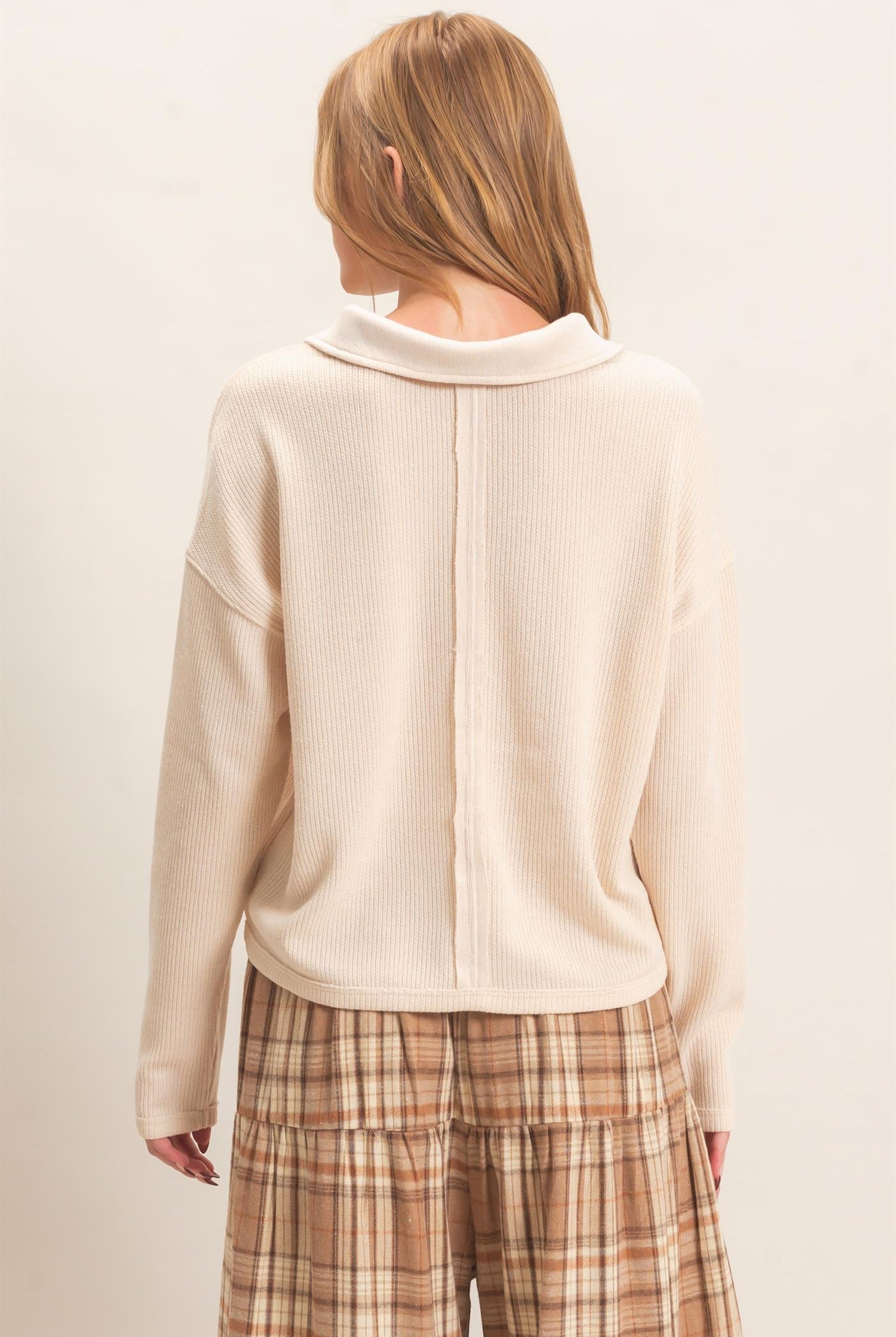 Wholesale Ribbed Collared Pullover Top Clothing Tops HF26E472 CREAM HYFVE
