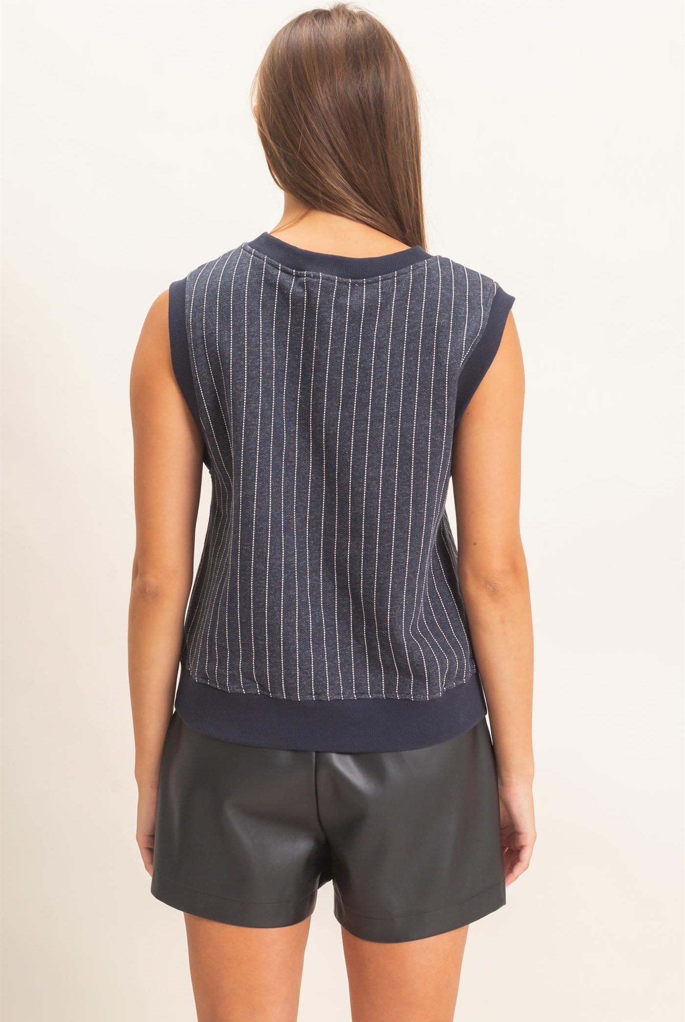 Wholesale V-Neck Pinstripe Sleeveless Top Clothing Tops DZ26E626 NAVY DOUBLE ZERO