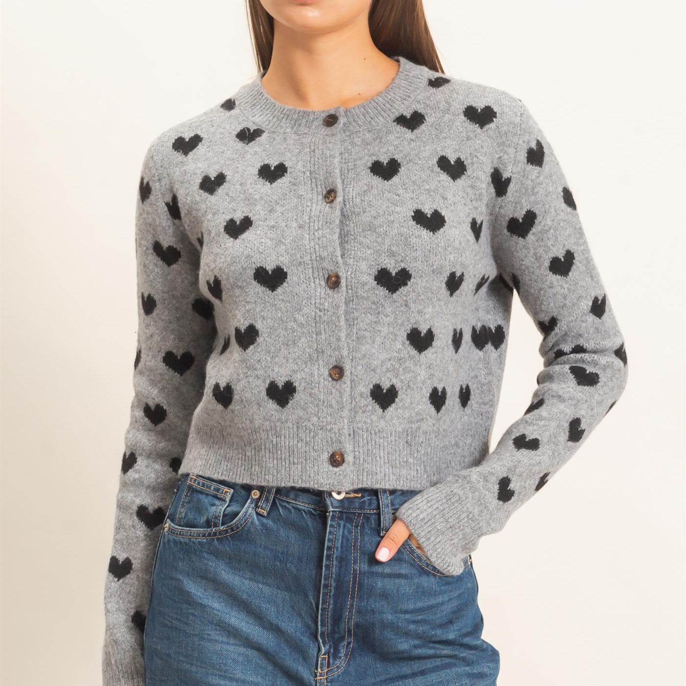 Wholesale Heart Pattern Cardigan Cardigans DZ26E320 HEATHER GRAY DOUBLE ZERO