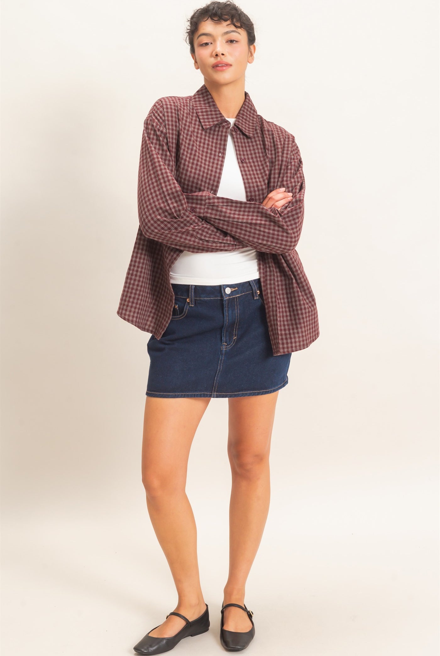 Wholesale Plaid Button-Up Shirt Shirts DZ26F012 BURGUNDY DOUBLE ZERO