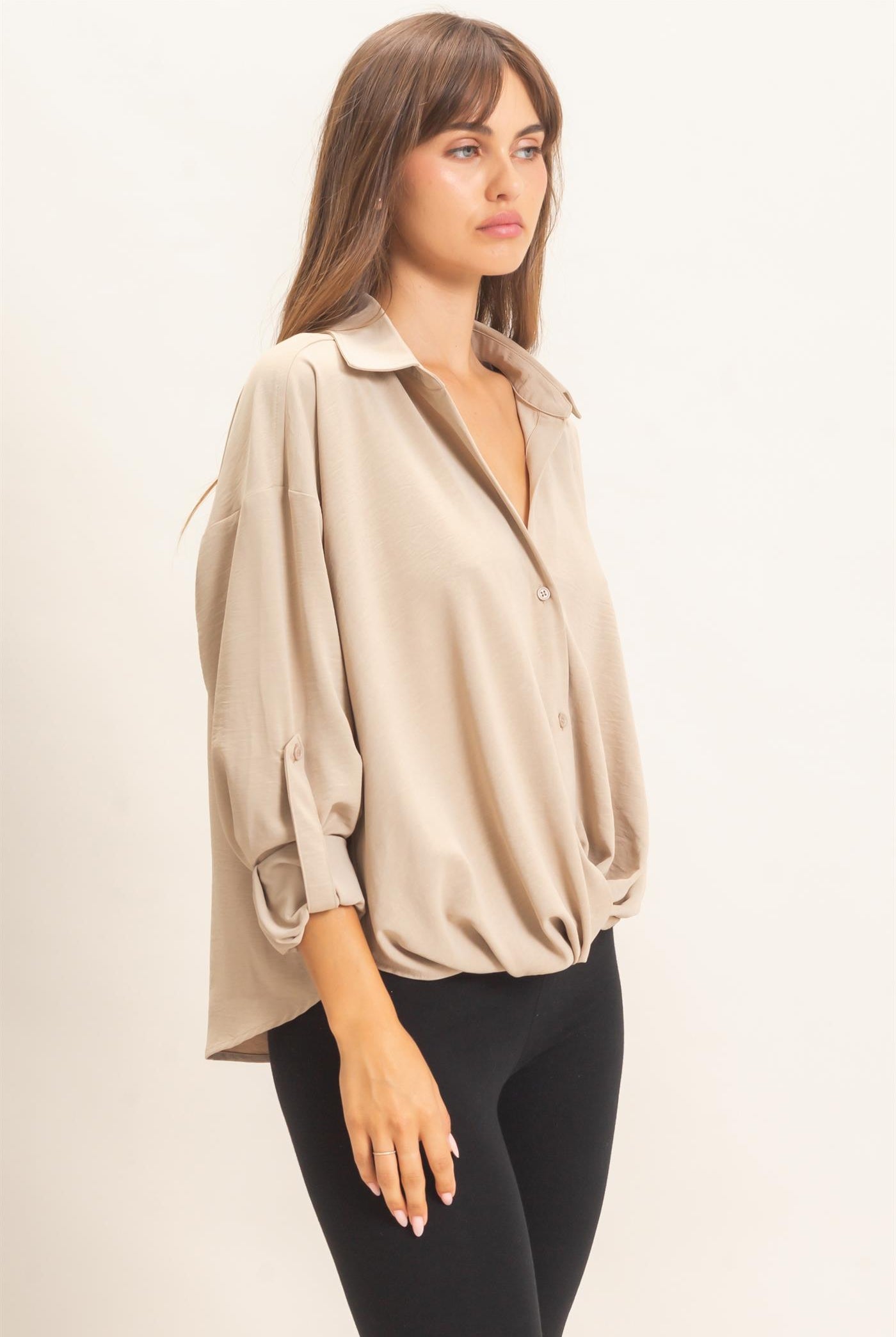 Wholesale Button-Up Dolman Sleeve Top Shirts HF26F070 BEIGE HYFVE