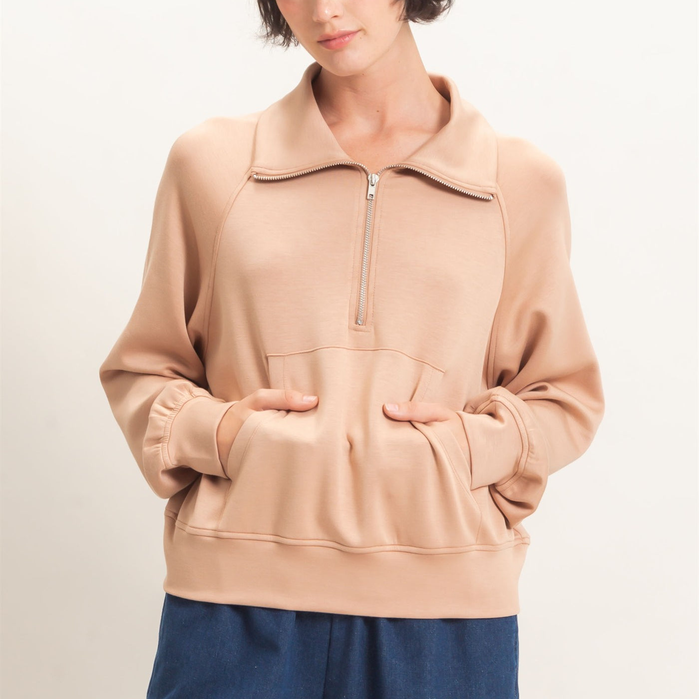 Wholesale Half-Zip Collar Raglan Pullover Sweatshirts DZ26C967 DARK TAUPE DOUBLE ZERO