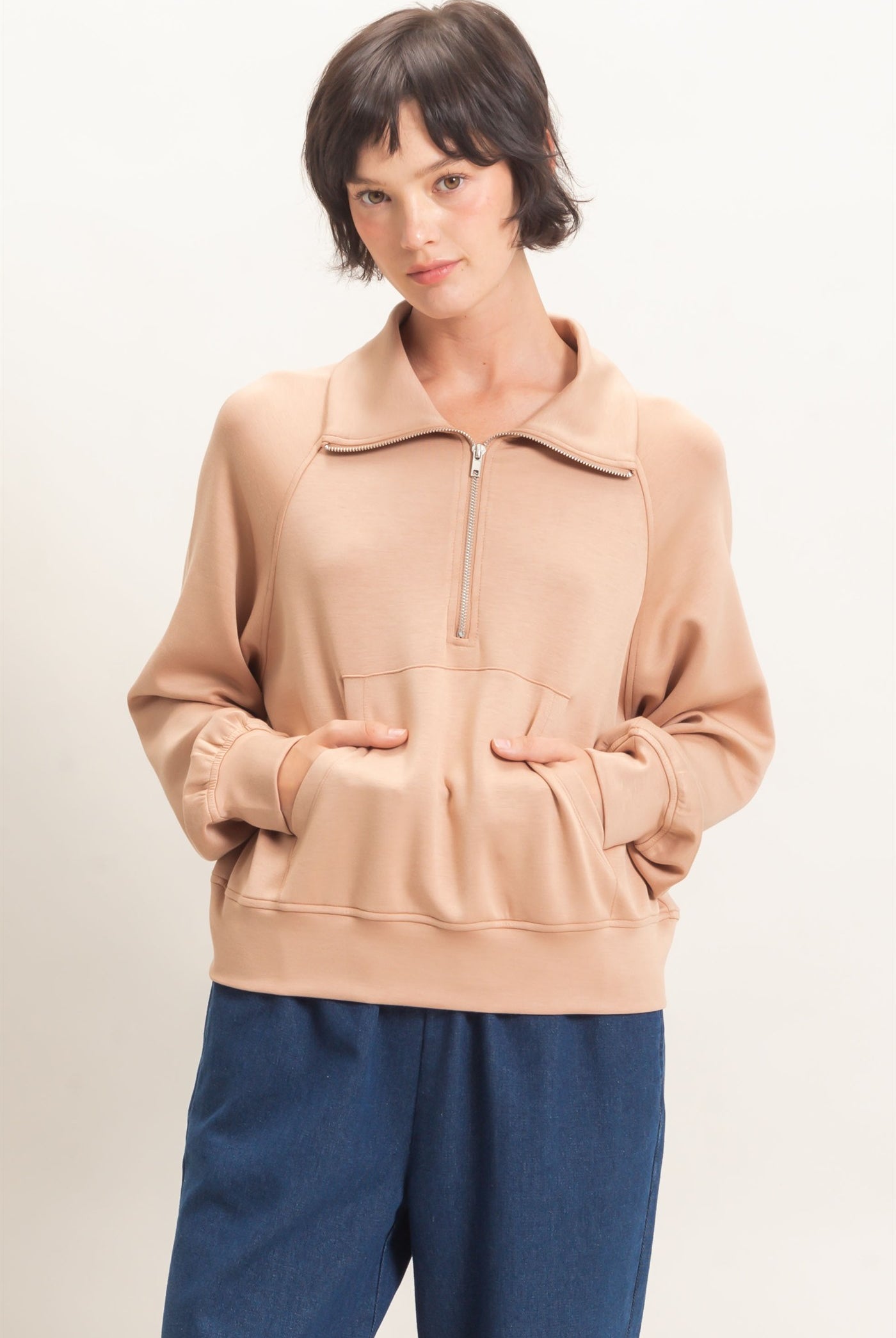 Wholesale Half-Zip Collar Raglan Pullover Sweatshirts DZ26C967 DARK TAUPE DOUBLE ZERO