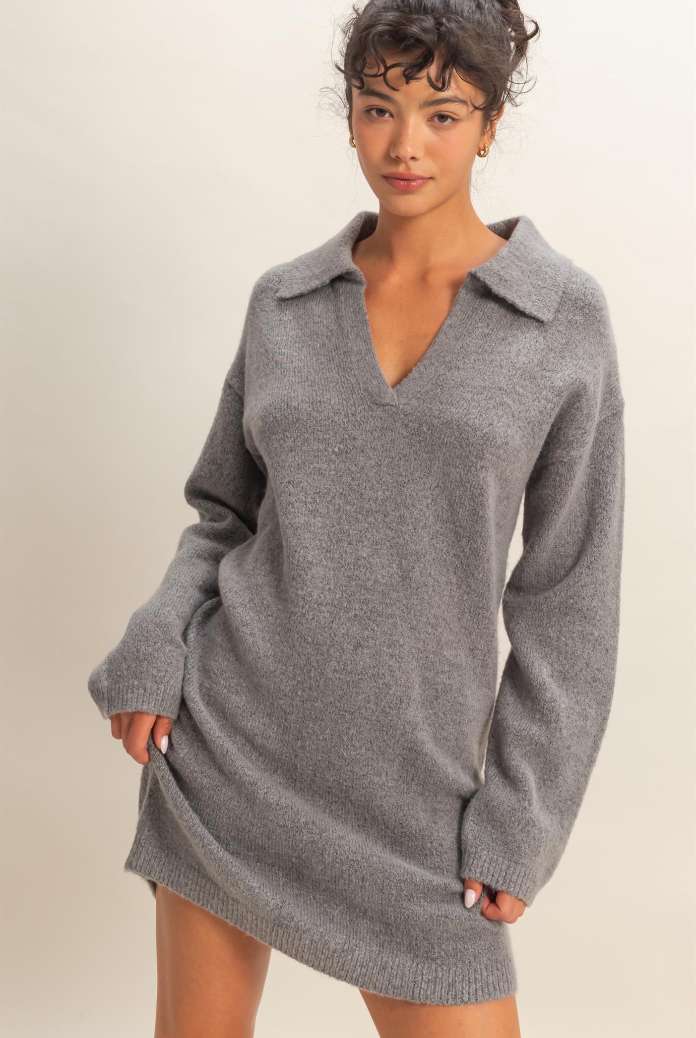 Wholesale Sophisticated Polo Long Sleeve Sweater Dress Dresses DZ25E838 HEATHER GRAY DOUBLE ZERO