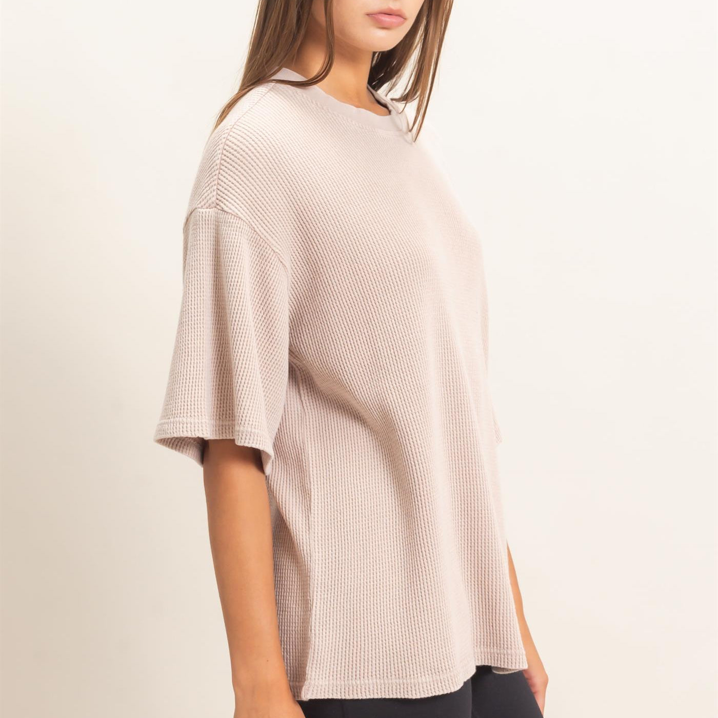 Wholesale Mineral Wash Waffle Crew Neck Short Sleeve Top Clothing Tops DZ26E328 LIGHT TAUPE DOUBLE ZERO