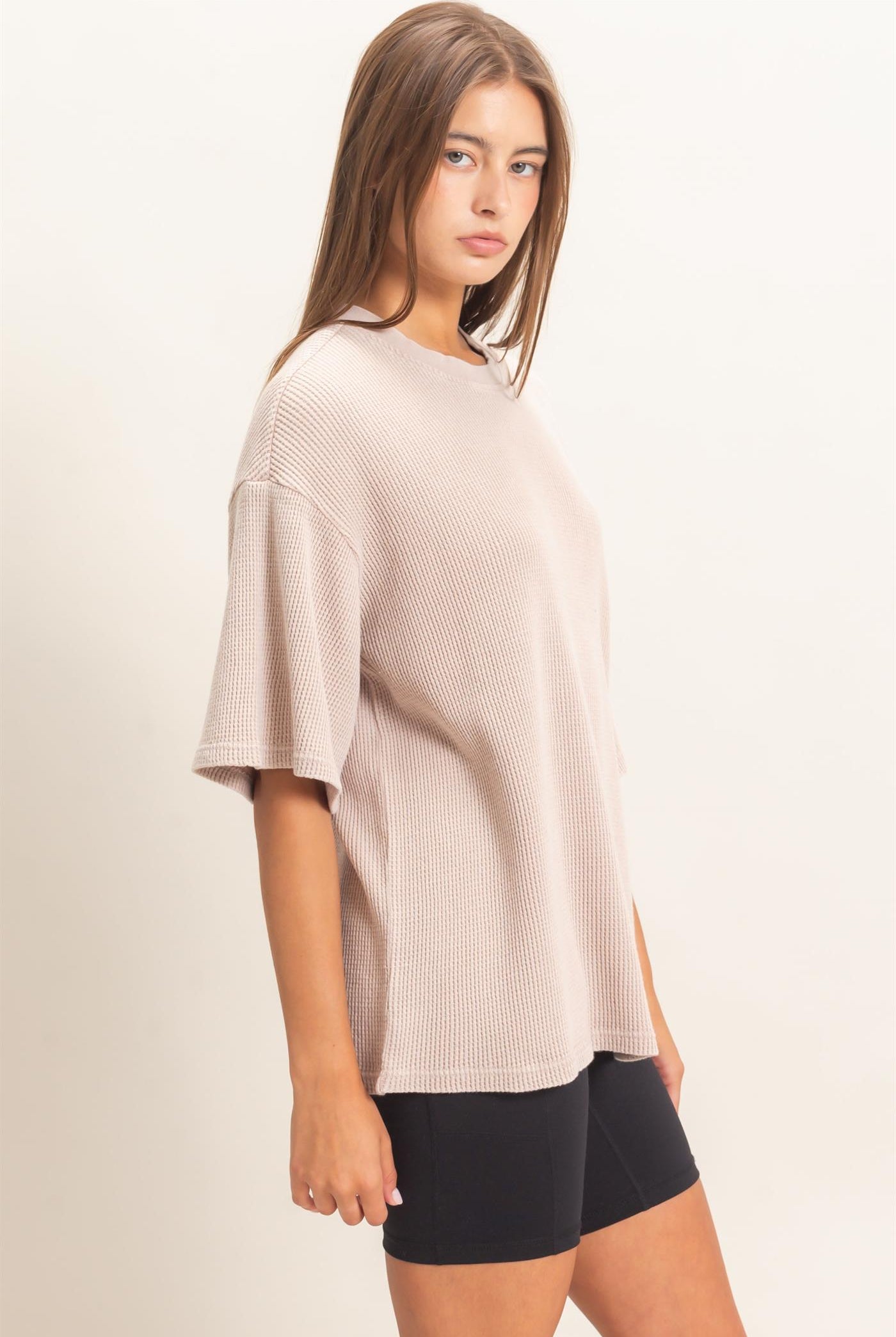 Wholesale Mineral Wash Waffle Crew Neck Short Sleeve Top Clothing Tops DZ26E328 LIGHT TAUPE DOUBLE ZERO