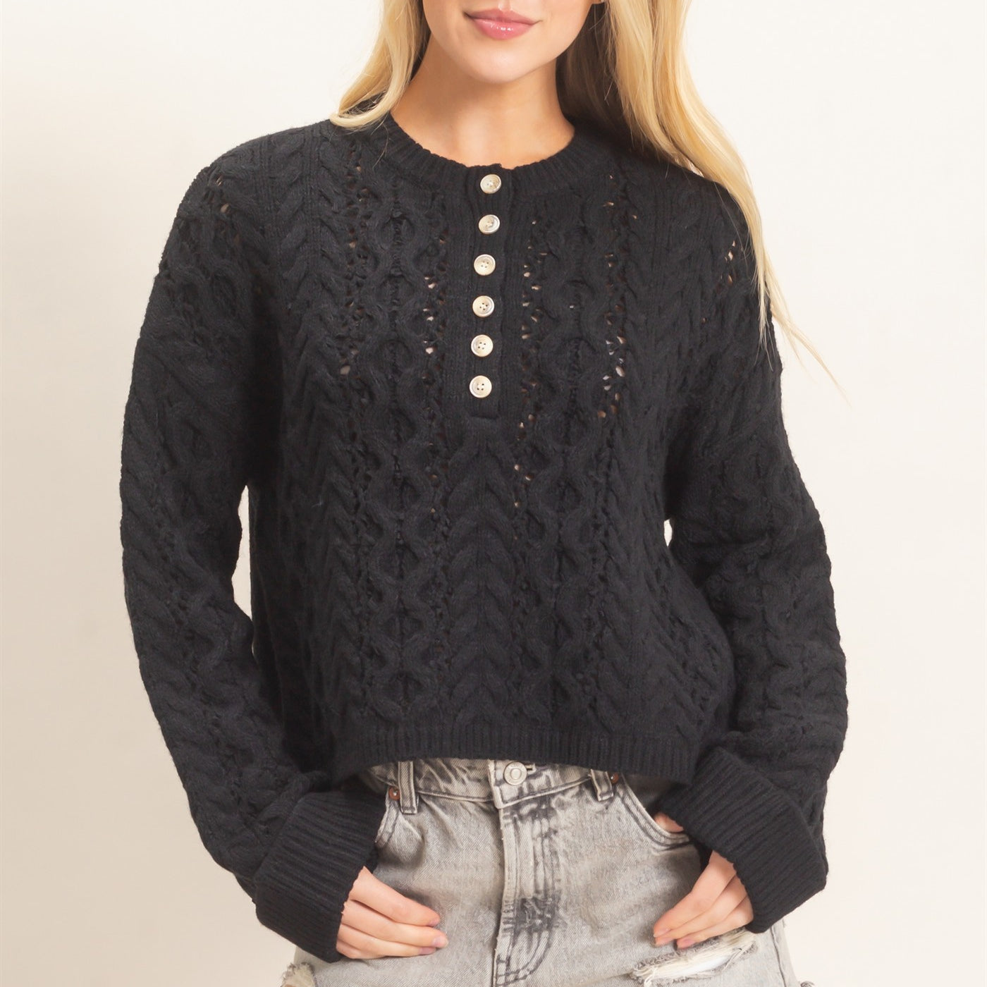 Wholesale Cable Knit Henley Sweaters HF26E552 BLACK HYFVE