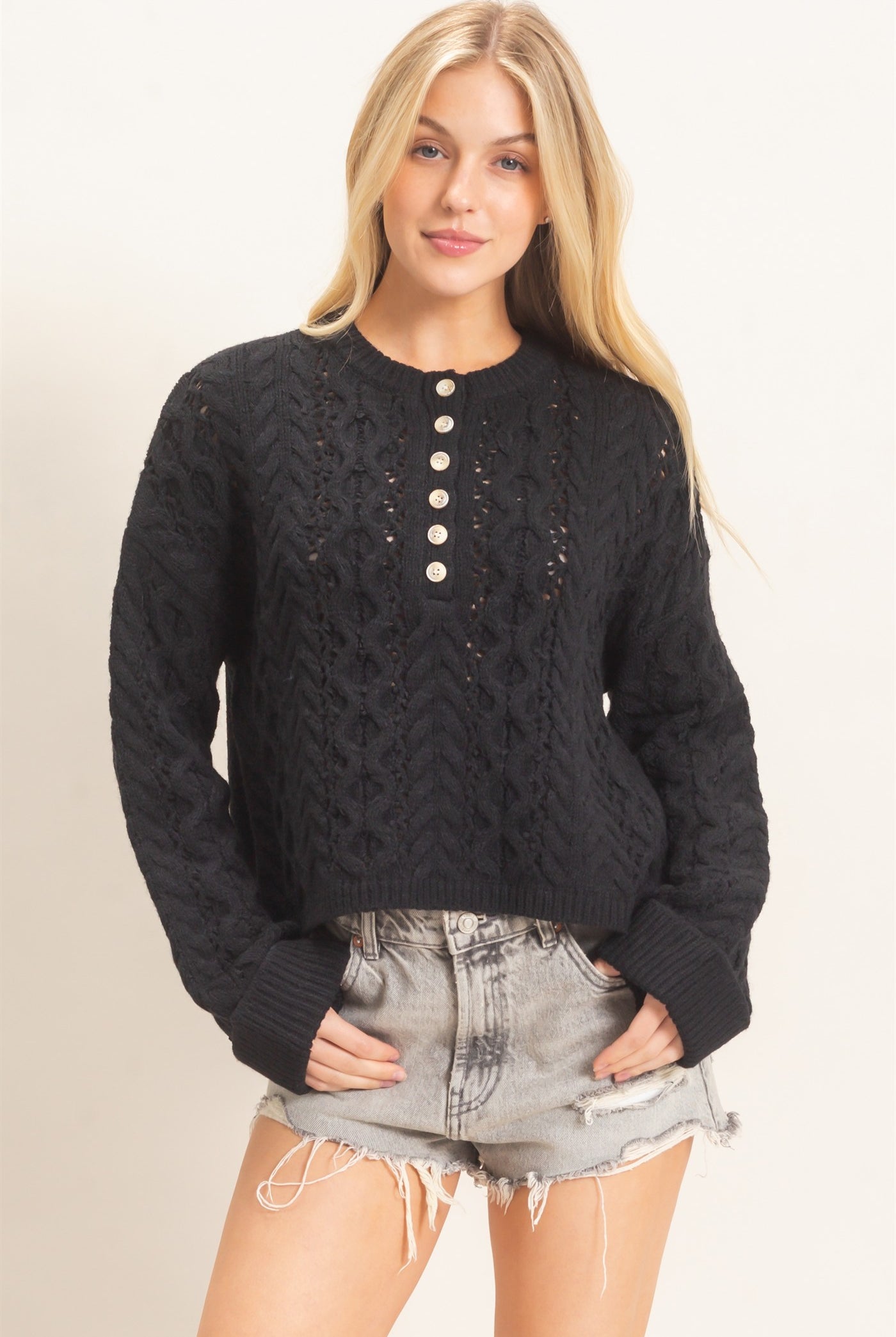 Wholesale Cable Knit Henley Sweaters HF26E552 BLACK HYFVE