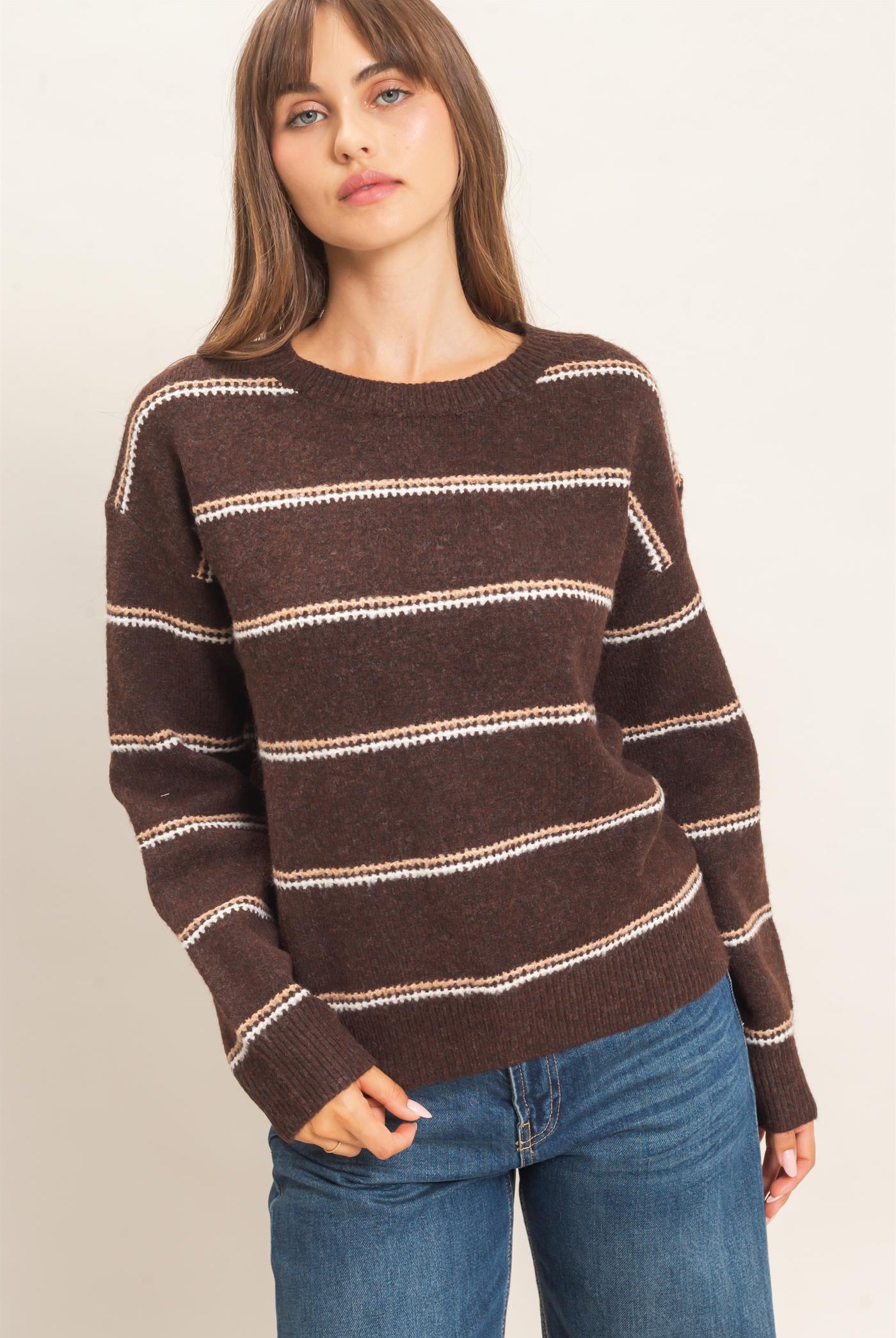 Wholesale Striped Crew Neck Sweater Sweaters HF26E696-D BROWN HYFVE