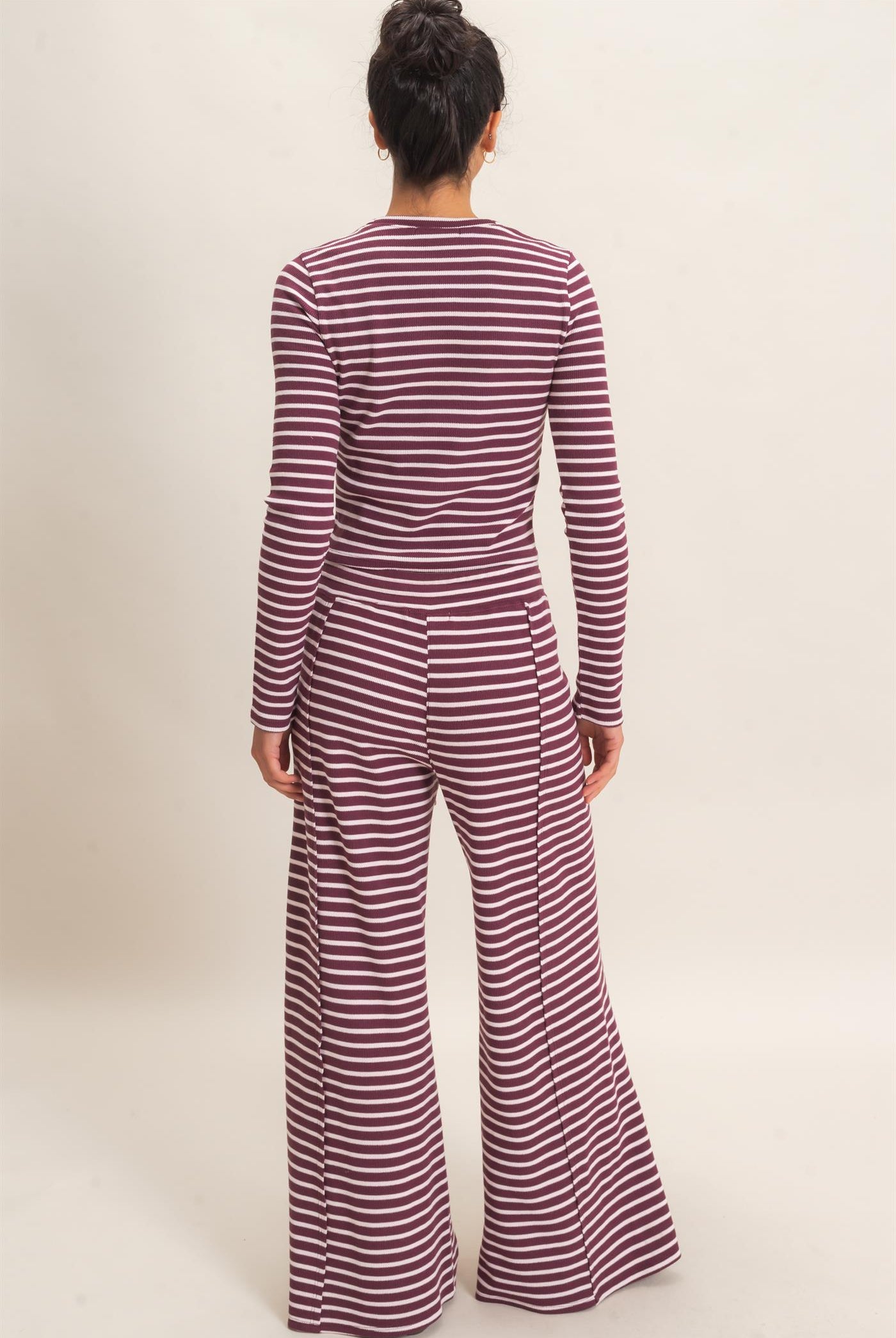Wholesale Striped Waffle Long Sleeve Top & Pants Set Clothing DZ25F479-SET DARK CHERRY DOUBLE ZERO