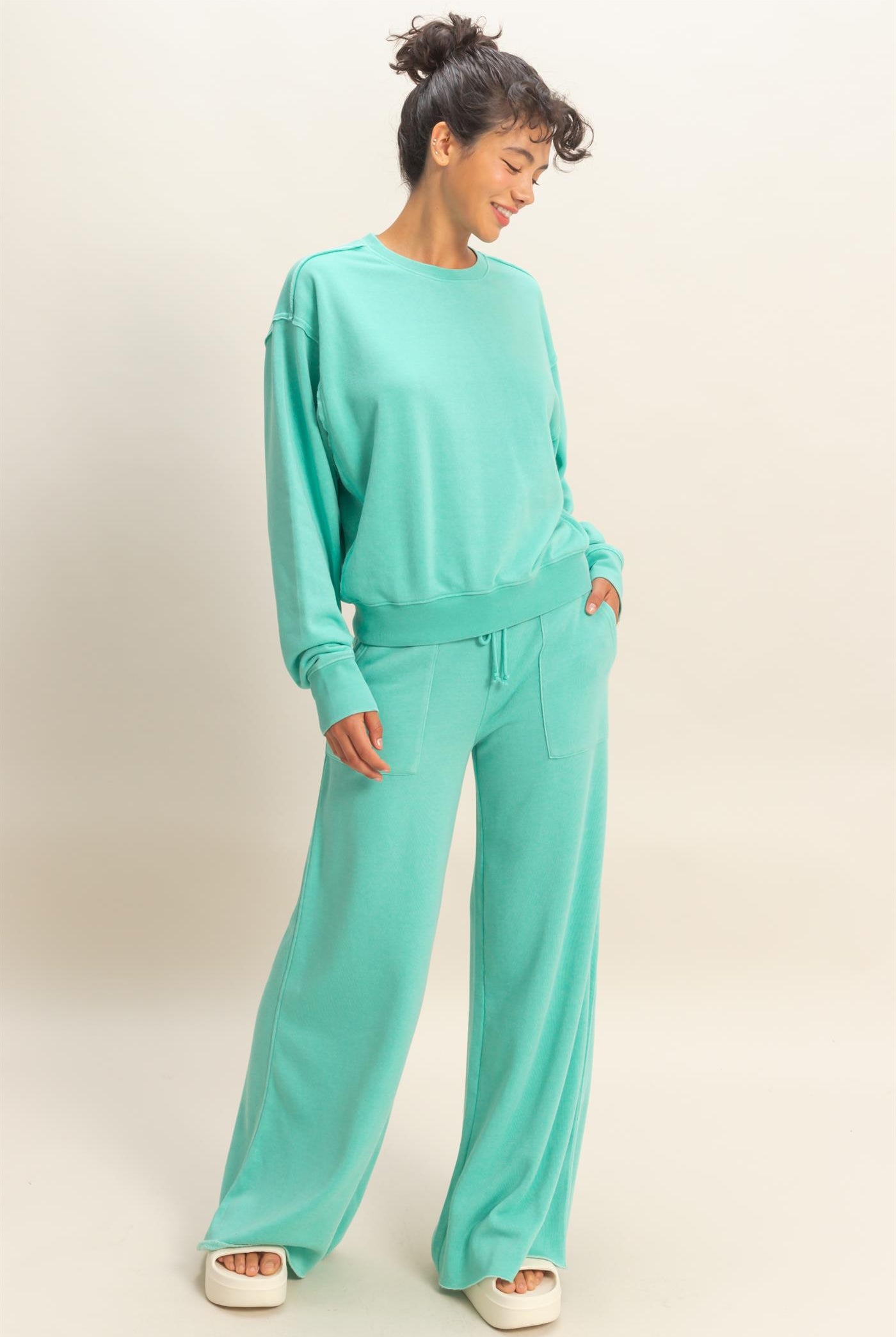 Wholesale Burnout French Terry Wide-Leg Pants Pants DZ26A259 TURQUOISE DOUBLE ZERO