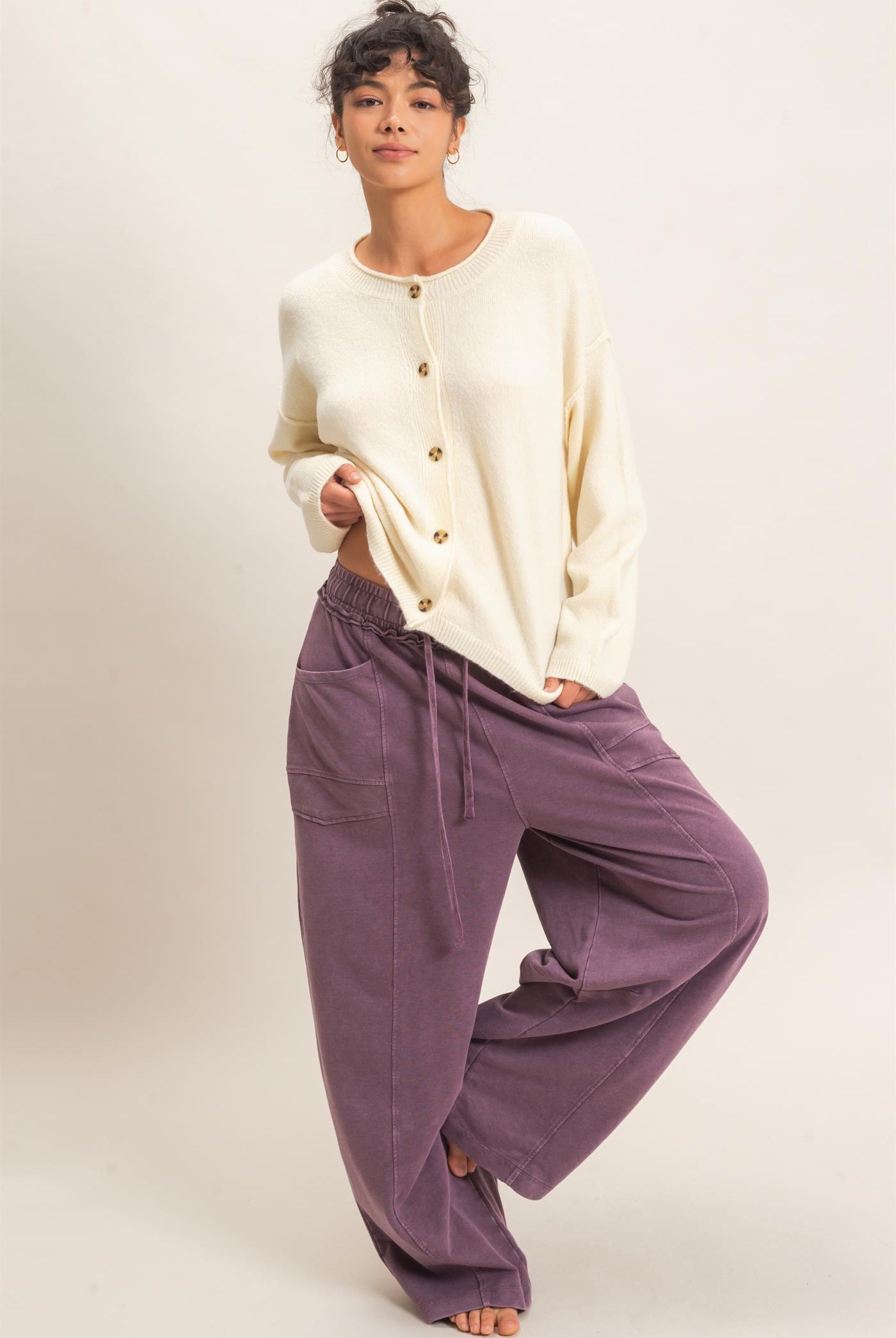 Wholesale Crew Neck Loose Fit Cardigan Cardigans DZ26E269 CREAM DOUBLE ZERO