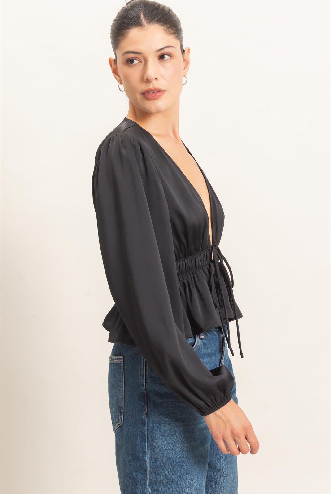 Wholesale Plunging Tie-Front Blouse Blouses HF26F082 BLACK HYFVE
