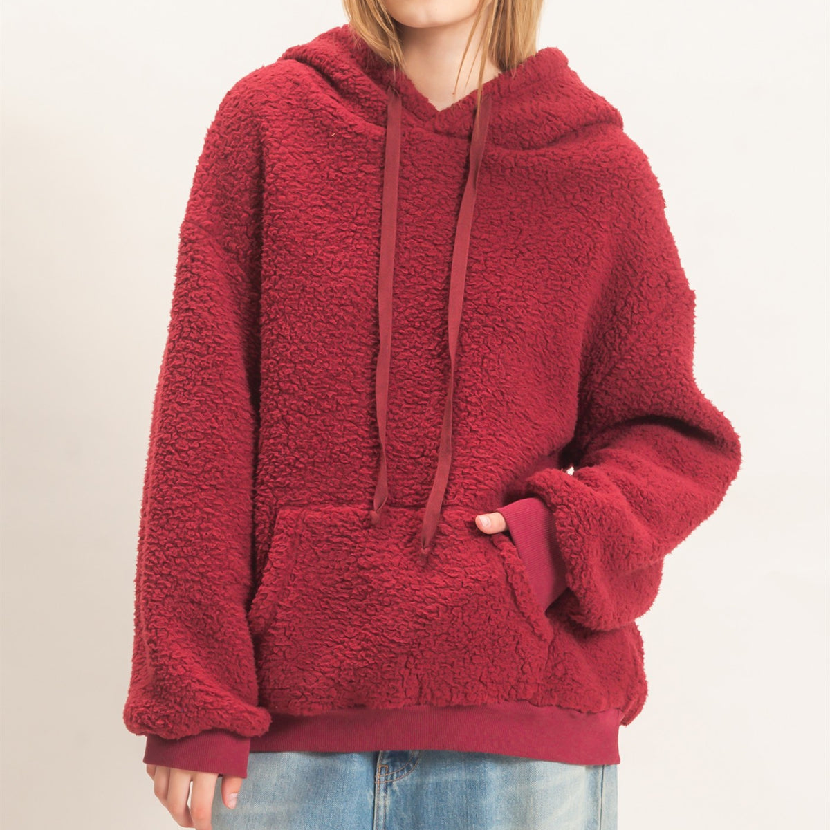 Wholesale Plush Sherpa Pullover Hoodie Hoodies HF26F289 BURGUNDY HYFVE