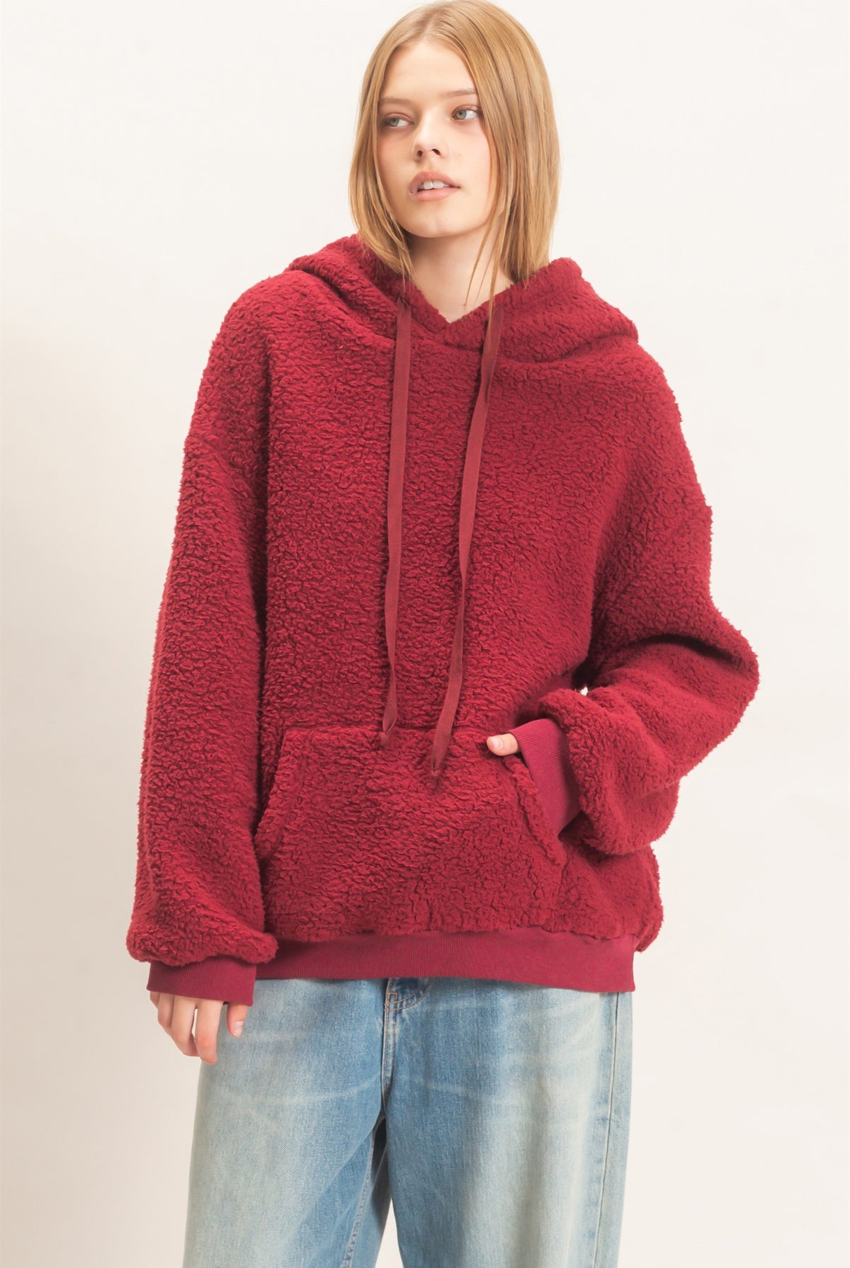 Wholesale Plush Sherpa Pullover Hoodie Hoodies HF26F289 BURGUNDY HYFVE