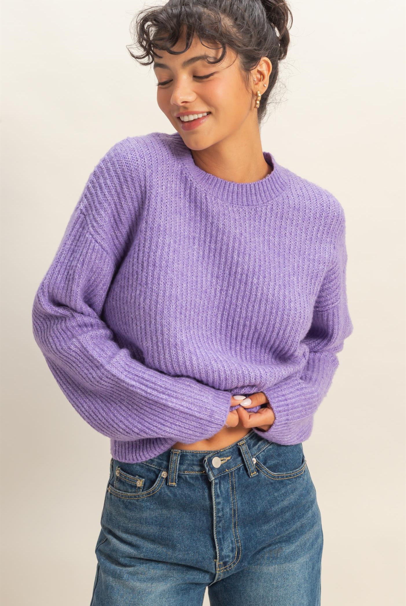 Wholesale Ribbed Crew Neck Sweater Sweaters DZ25F006 IRIS PURPLE DOUBLE ZERO