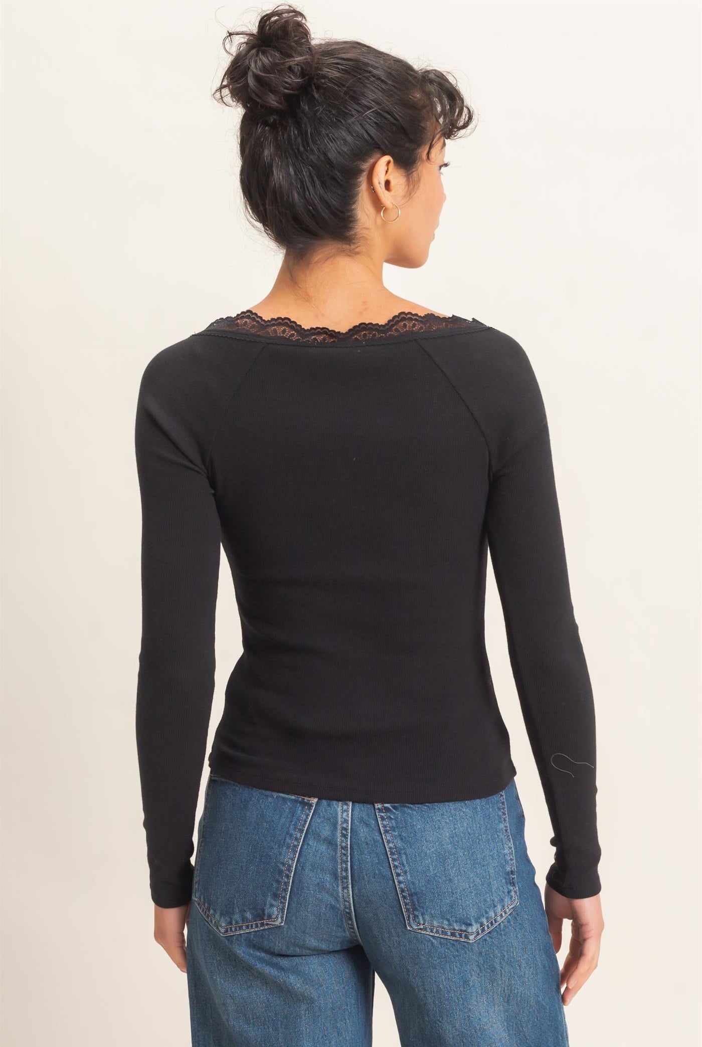 Wholesale Lace-Trim Henley Top Clothing Tops DZ26E325 BLACK DOUBLE ZERO
