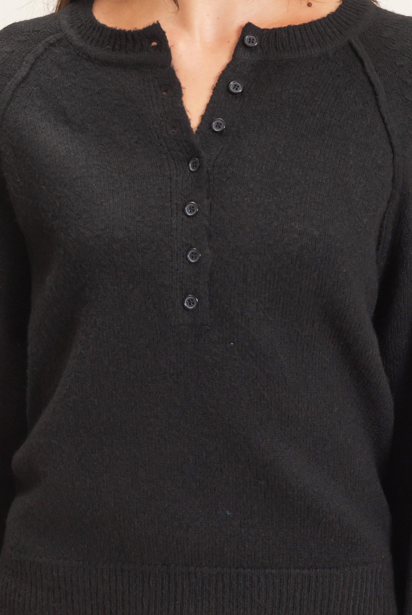 Wholesale Button Front Raglan Sweater Sweaters HF26E152 BLACK HYFVE