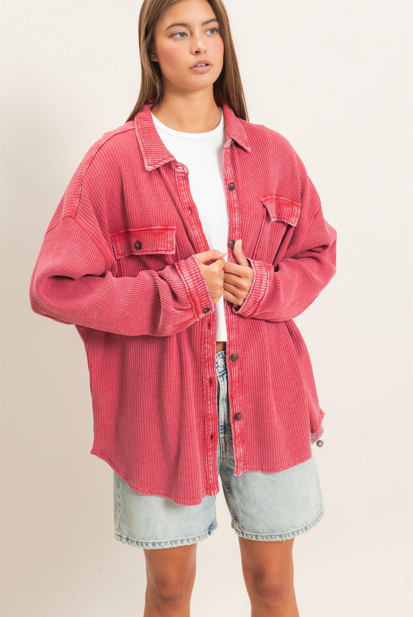 Wholesale Mineral Wash Waffle Knit Button-Up Shacket Coats & Jackets DZ26E249 DARK RED DOUBLE ZERO