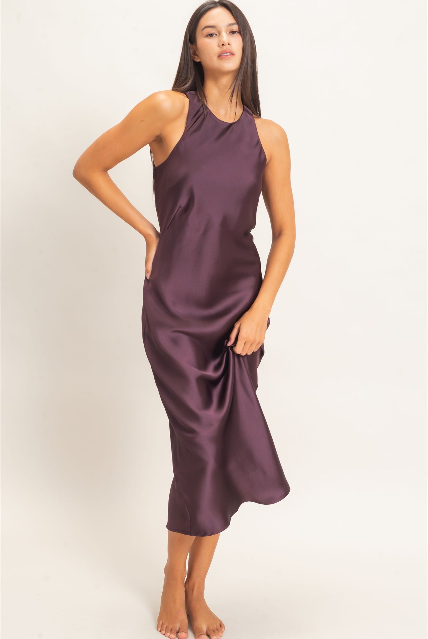 Wholesale Sleeveless Satin Midi Dress Dresses DZ26E257 DARK CHERRY DOUBLE ZERO