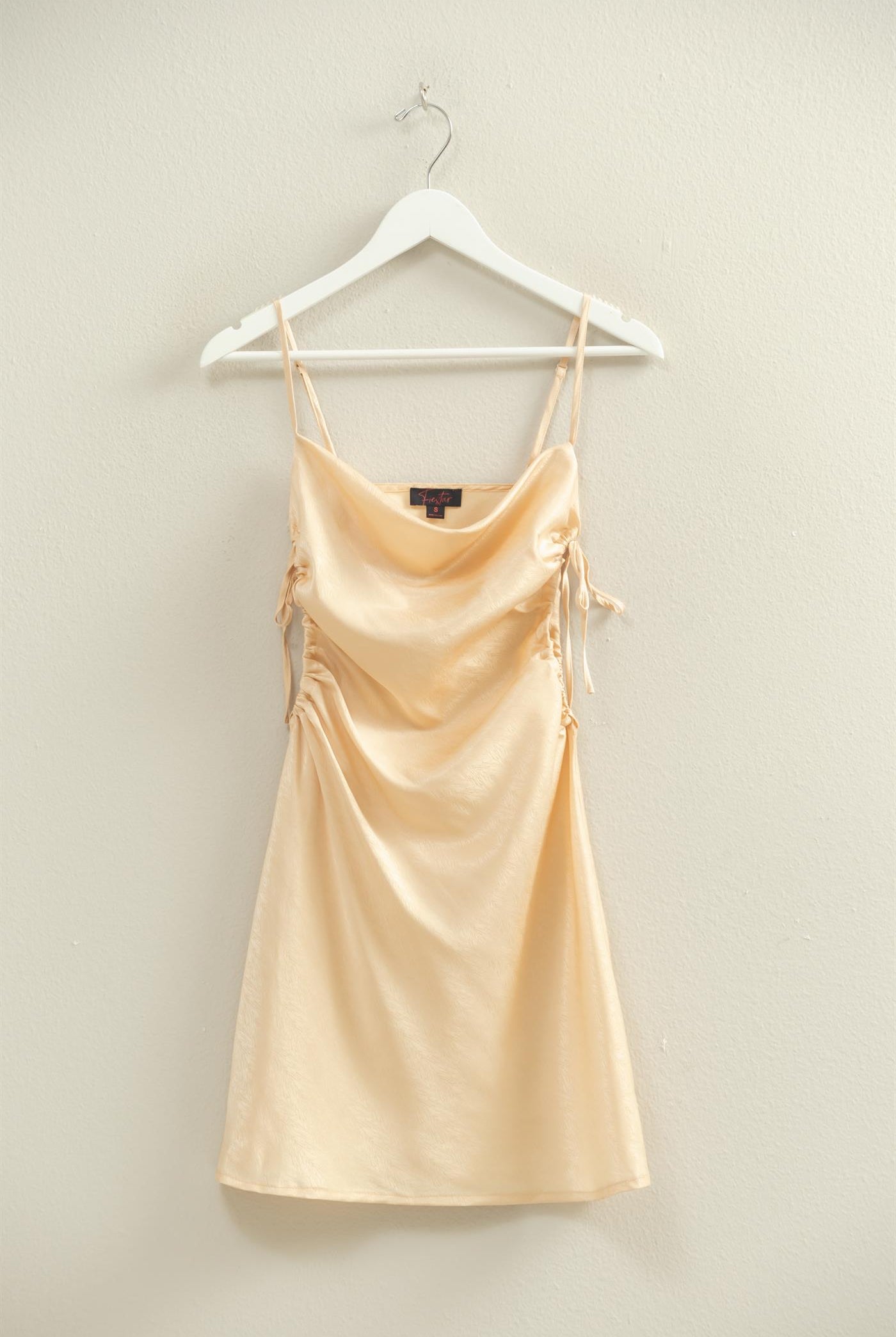 Wholesale Satin Ruched Side Cutout Mini Dress Dresses FS22A672 SAND HYFVE