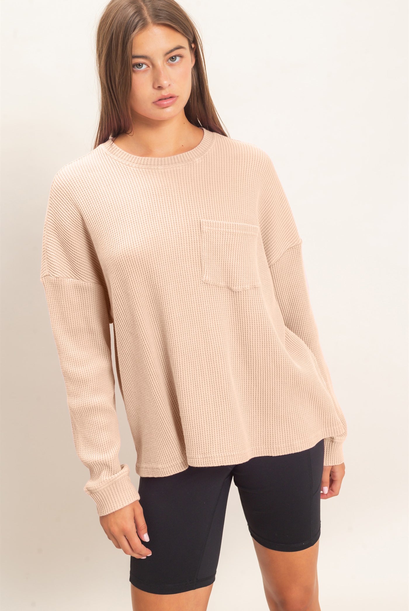 Wholesale Mineral Wash Waffle Long Sleeve Top Clothing Tops DZ26F242 LIGHT TAUPE DOUBLE ZERO