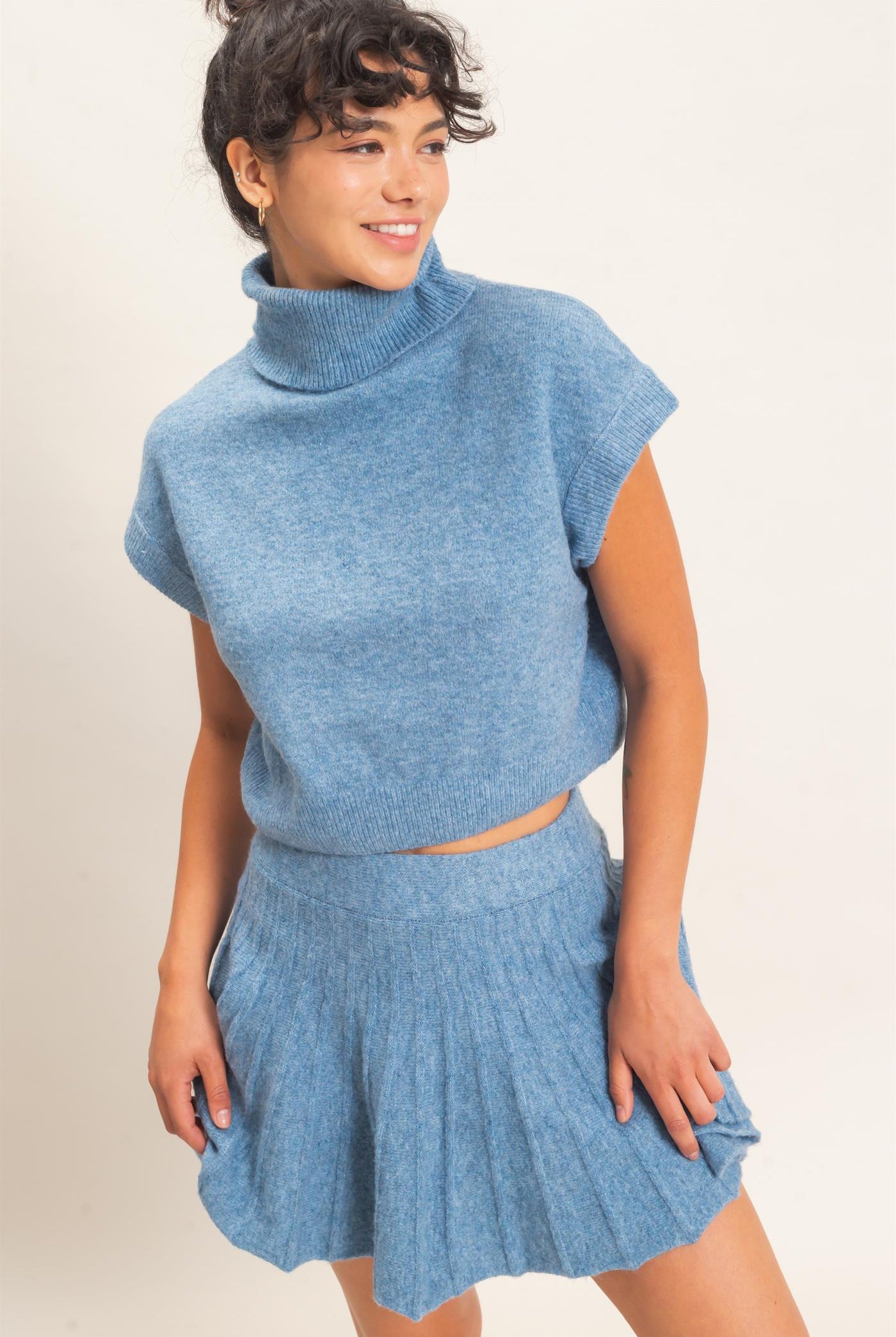 Wholesale Turtleneck Crop Top And Pleated Skirt Set Clothing DZ26C981-SET DUSTY BLUE DOUBLE ZERO