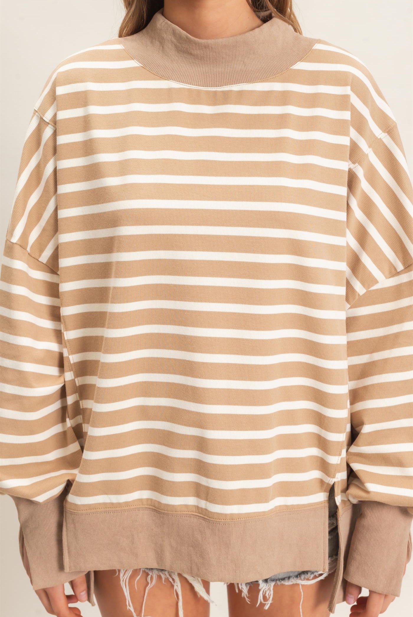 Wholesale Striped Mock Neck Sweatshirt Sweatshirts HF27A178-D TAUPE/CREAM HYFVE