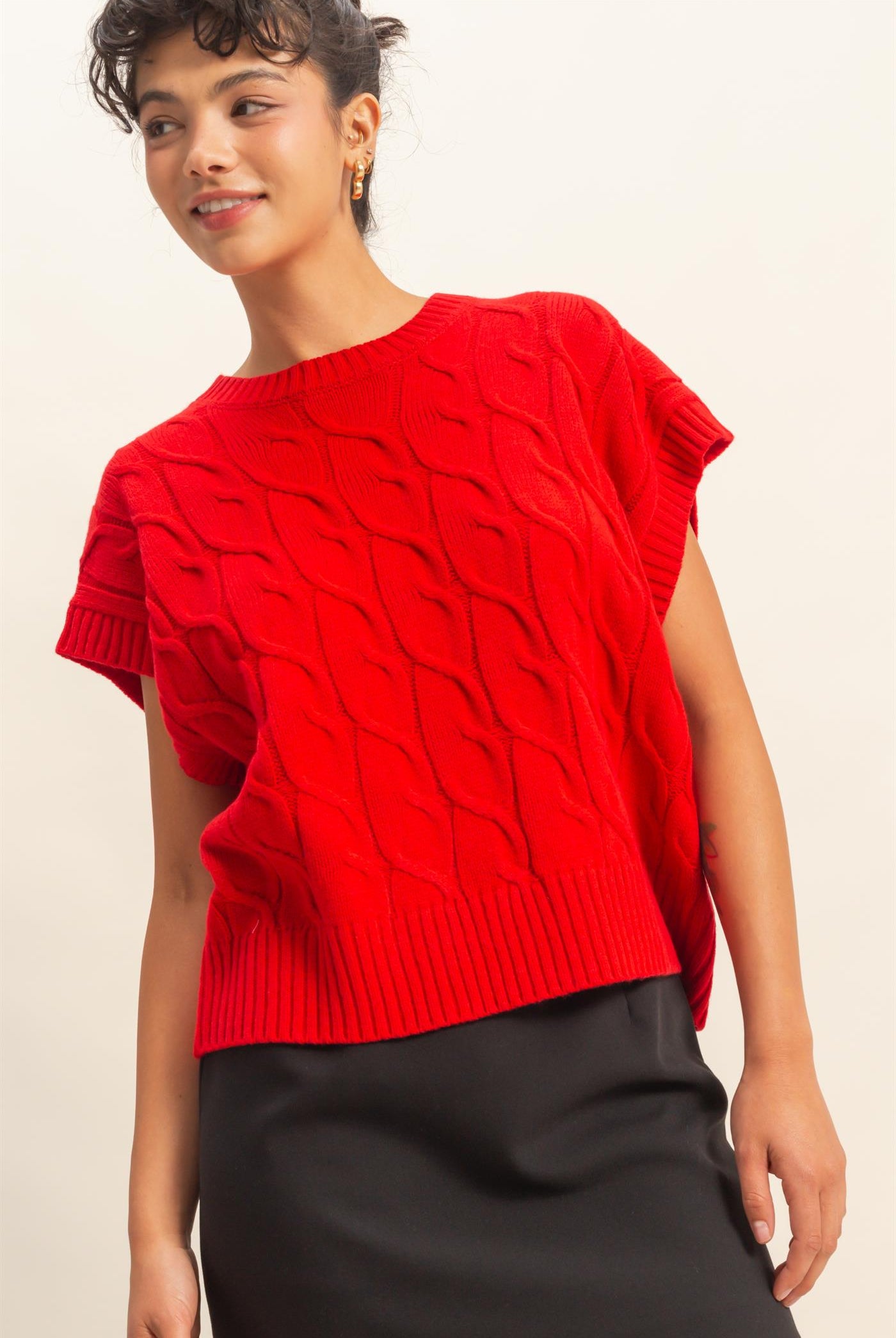 Wholesale Sleeveless Oversized Cable Knit Sweater Vest Vests DZ25C905 RED DOUBLE ZERO