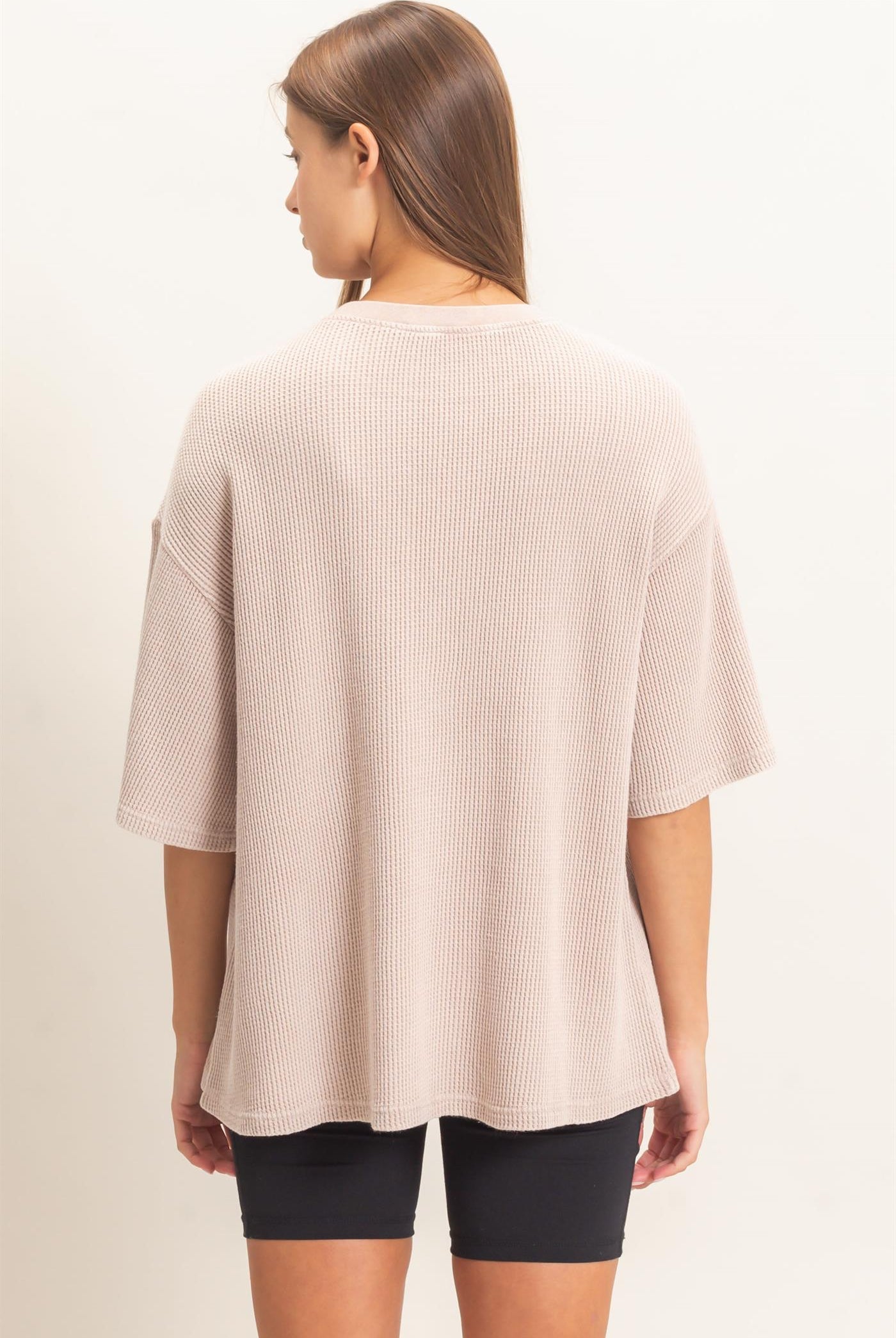 Wholesale Mineral Wash Waffle Crew Neck Short Sleeve Top Clothing Tops DZ26E328 LIGHT TAUPE DOUBLE ZERO