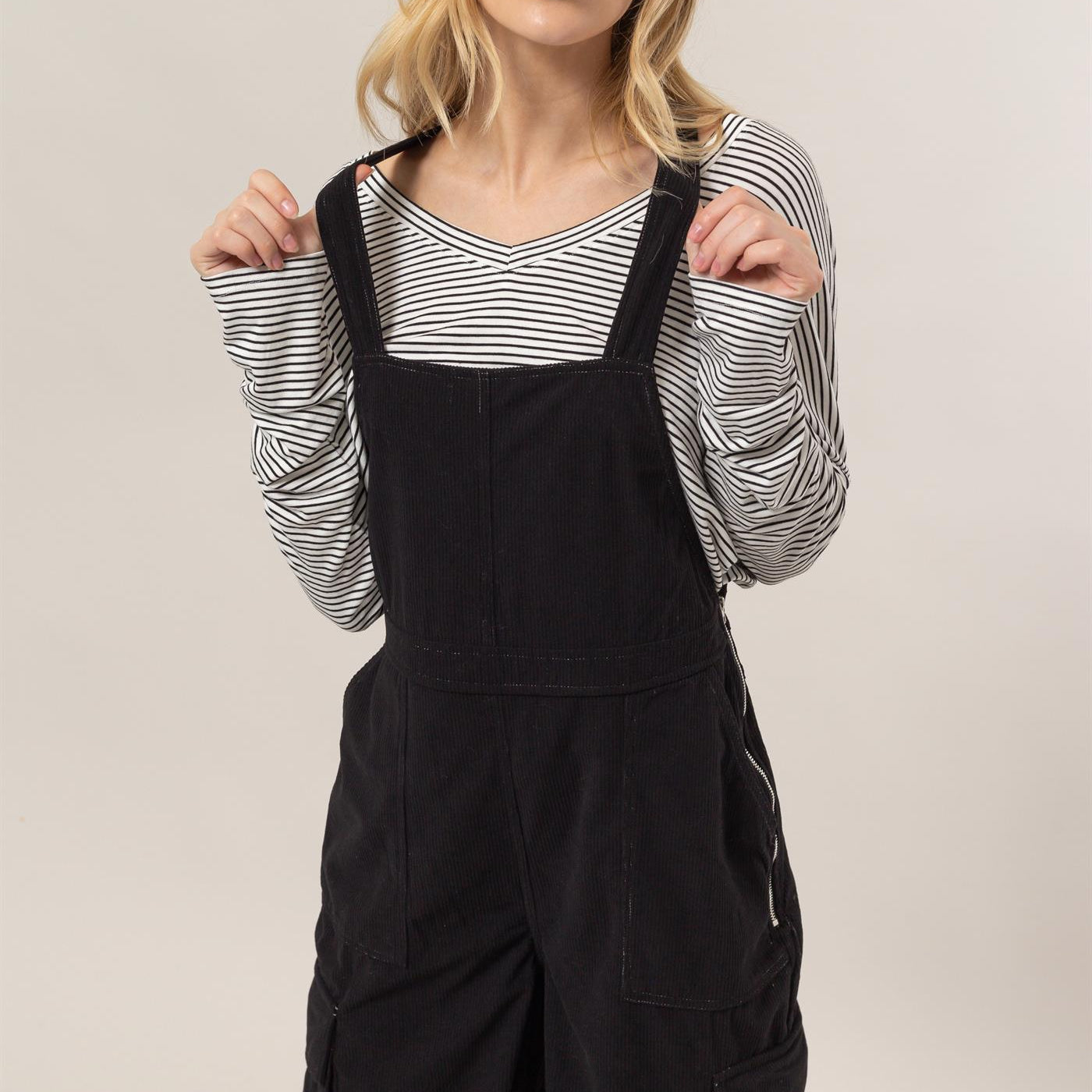 Wholesale Corduroy Cargo Overalls Clothing HF24F288 BLACK HYFVE