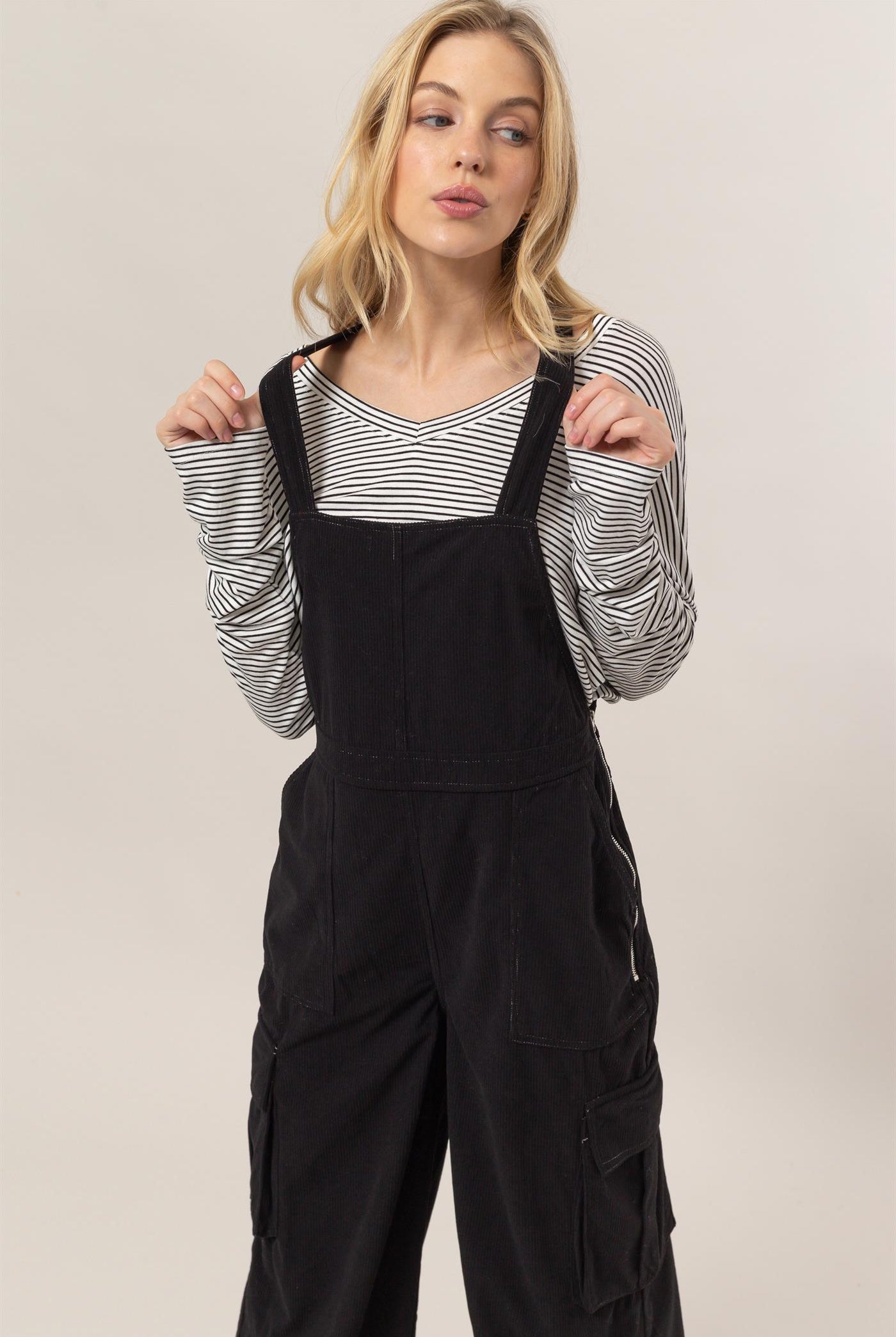 Wholesale Corduroy Cargo Overalls Clothing HF24F288 BLACK HYFVE