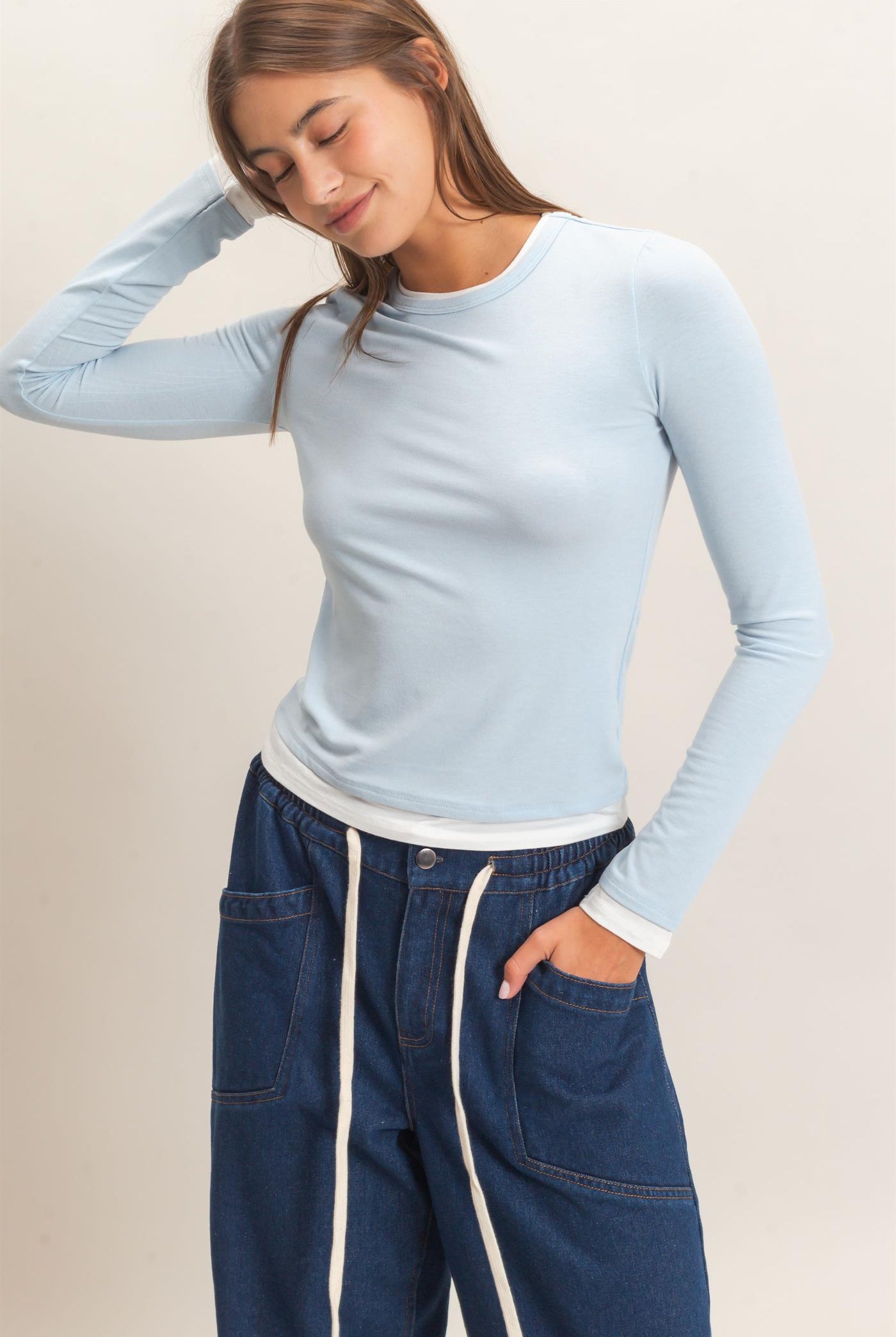 Wholesale Layered Effect Long Sleeve Top Clothing Tops DZ26F341 ICE BLUE DOUBLE ZERO