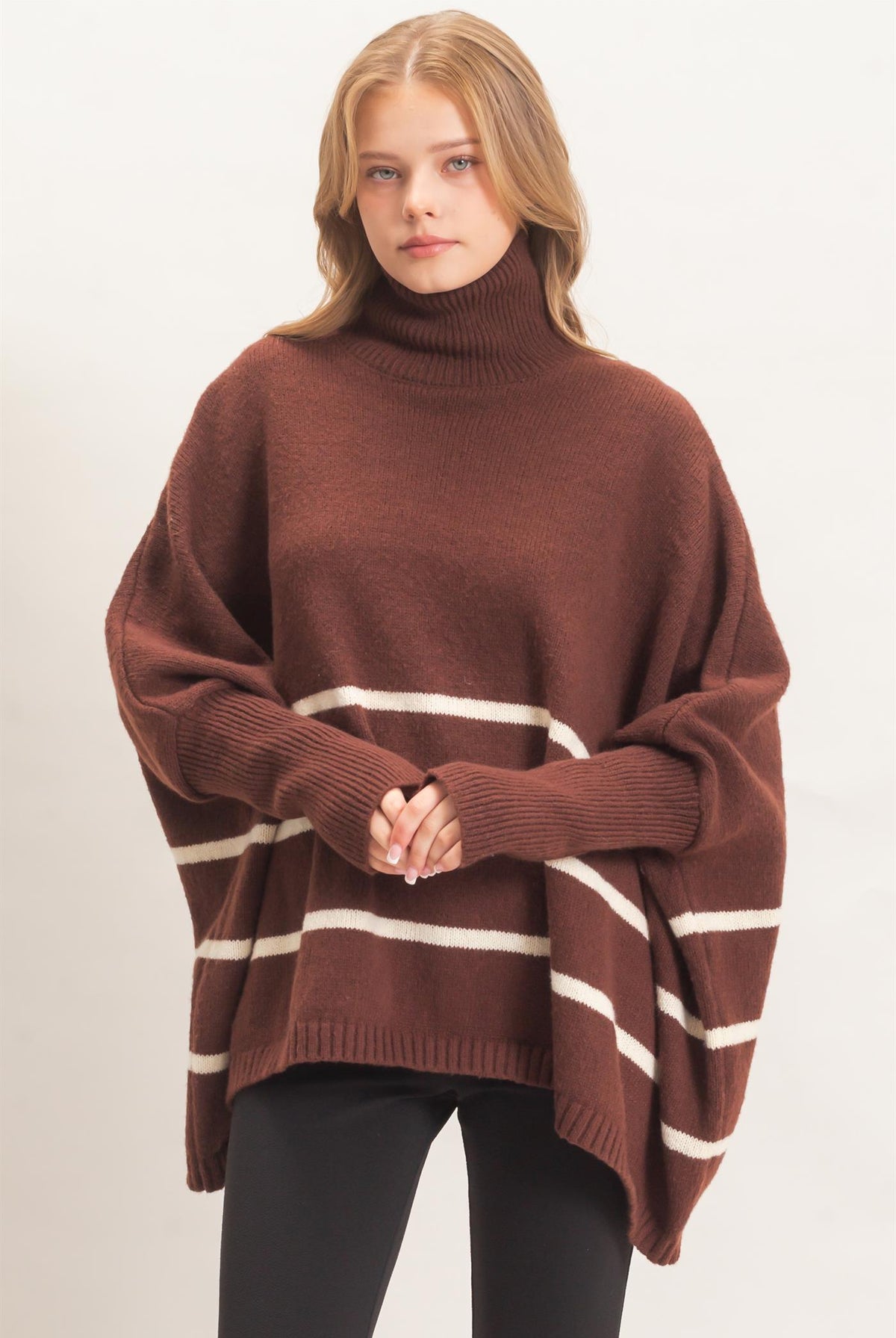 Wholesale Striped Turtleneck Poncho Sweater Sweaters HF26F194 BROWN HYFVE