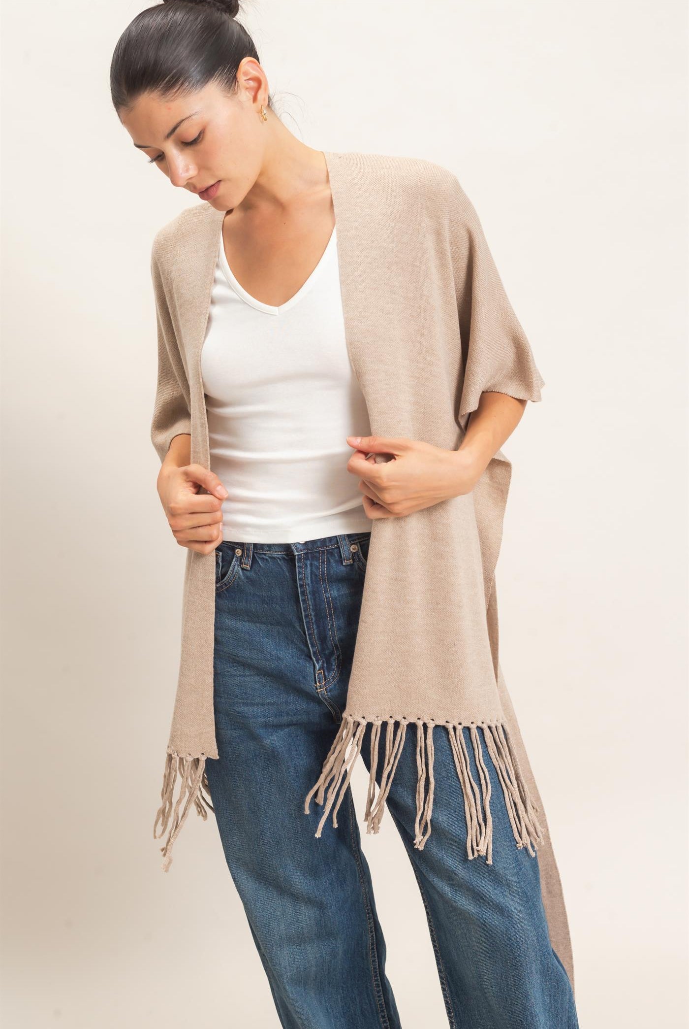 Wholesale Fringe Hem Kimono Sweater Kimonos HF26E041 CAMEL HYFVE
