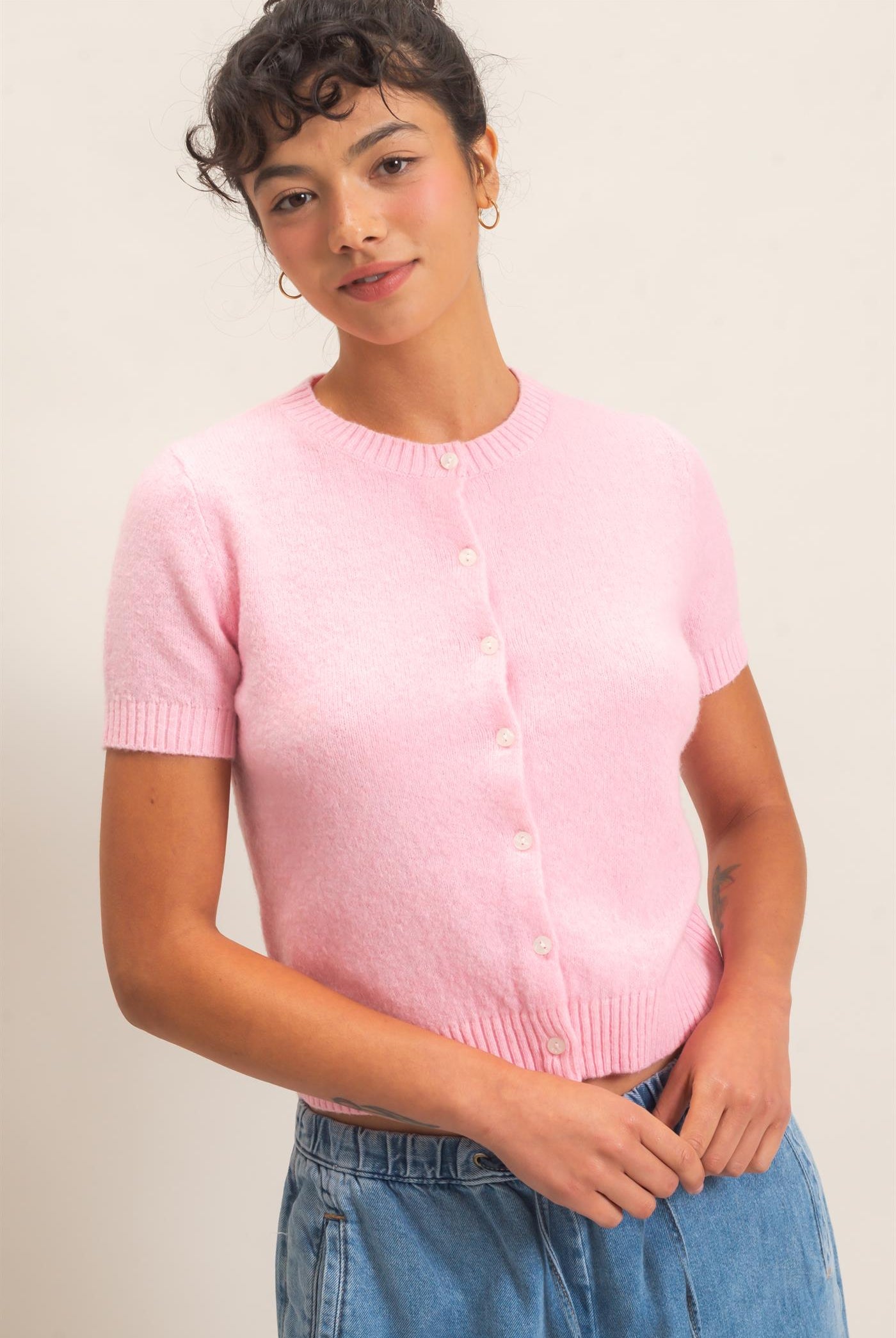 Wholesale Crew Neck Short Sleeve Cardigan Cardigans DZ26E108 PINK DOUBLE ZERO